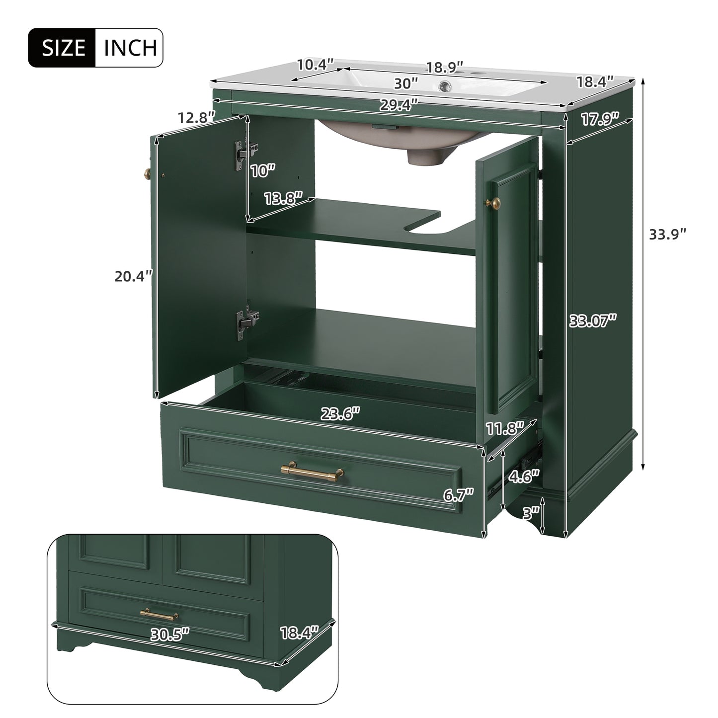 VanityFus 30.5-in Green Single Sink Bathroom Vanity with Ceramic Top Undermount 2 Soft-Closing Doors 1 Drawer Adjustable Shelves