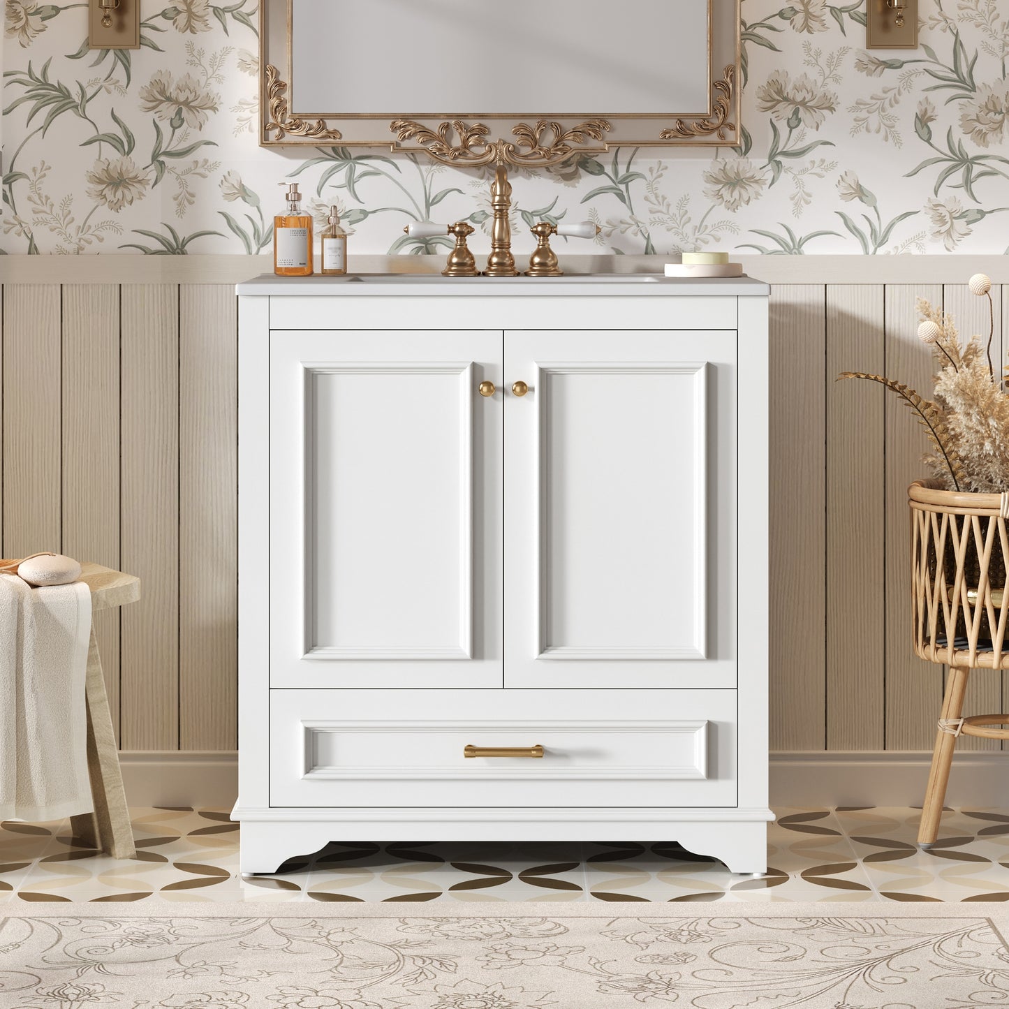 VanityFus 30.5-in White Single Sink Bathroom Vanity with Ceramic Top Undermount 2 Soft-Closing Doors 1 Drawer Adjustable Shelves