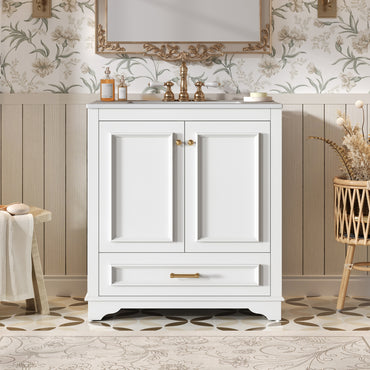 VanityFus 30.5-in White Single Sink Bathroom Vanity with Ceramic Top Undermount 2 Soft-Closing Doors 1 Drawer Adjustable Shelves