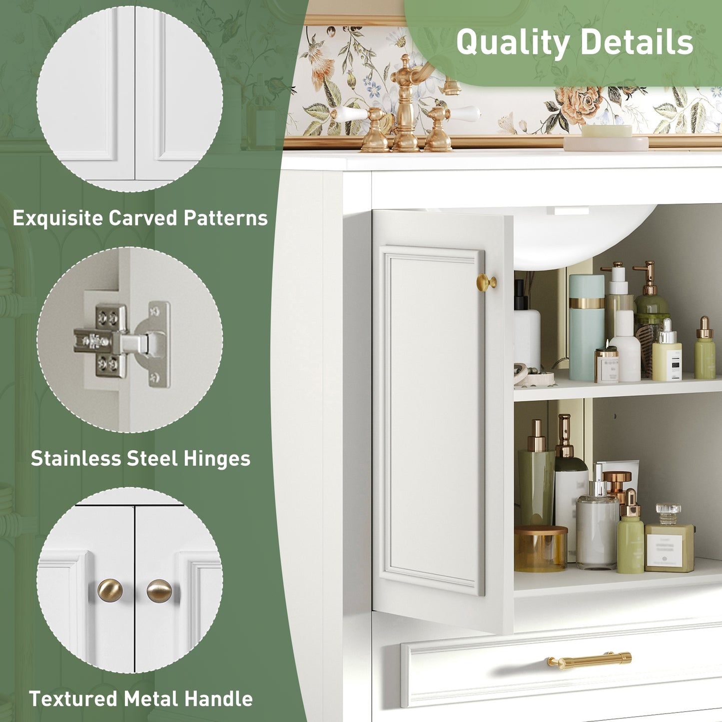 VanityFus 30.5-in White Single Sink Bathroom Vanity with Ceramic Top Undermount 2 Soft-Closing Doors 1 Drawer Adjustable Shelves