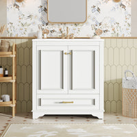VanityFus 30.5-in White Single Sink Bathroom Vanity with Ceramic Top Undermount 2 Soft-Closing Doors 1 Drawer Adjustable Shelves