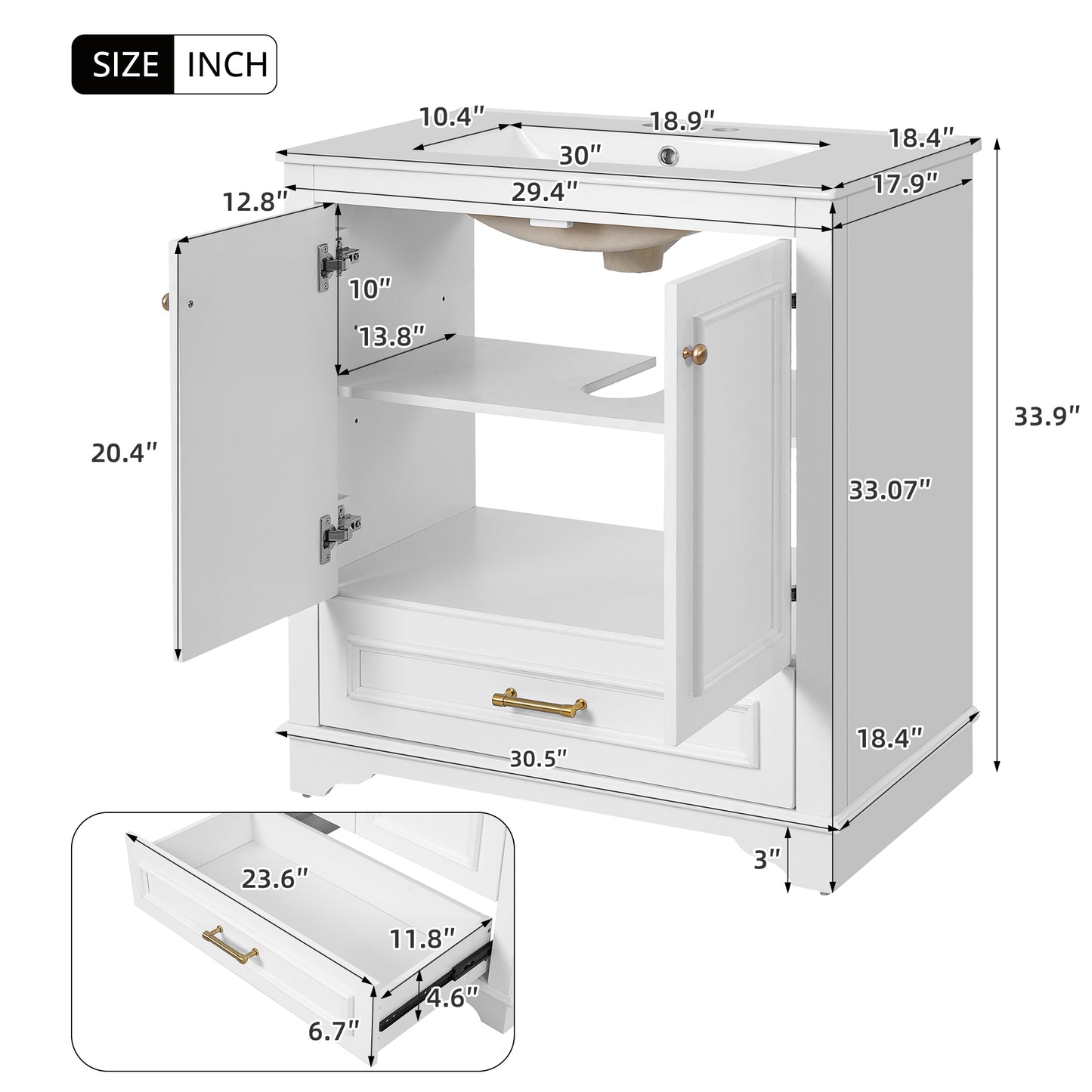 VanityFus 30.5-in White Single Sink Bathroom Vanity with Ceramic Top Undermount 2 Soft-Closing Doors 1 Drawer Adjustable Shelves