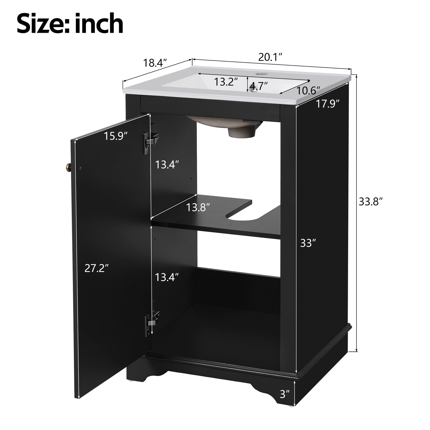 VanityFus 20.1-in Black Bathroom Vanity Undermount Single Sink Combo with 1 Soft Close with Ceramic Top Adjustable Shelves