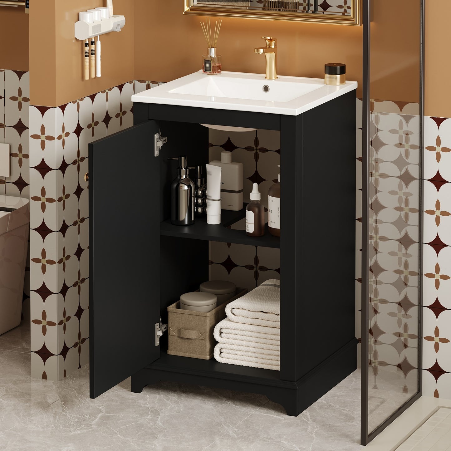 VanityFus 20.1-in Black Bathroom Vanity Undermount Single Sink Combo with 1 Soft Close with Ceramic Top Adjustable Shelves