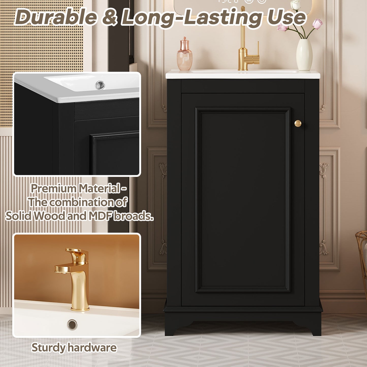 VanityFus 20.1-in Black Bathroom Vanity Undermount Single Sink Combo with 1 Soft Close with Ceramic Top Adjustable Shelves