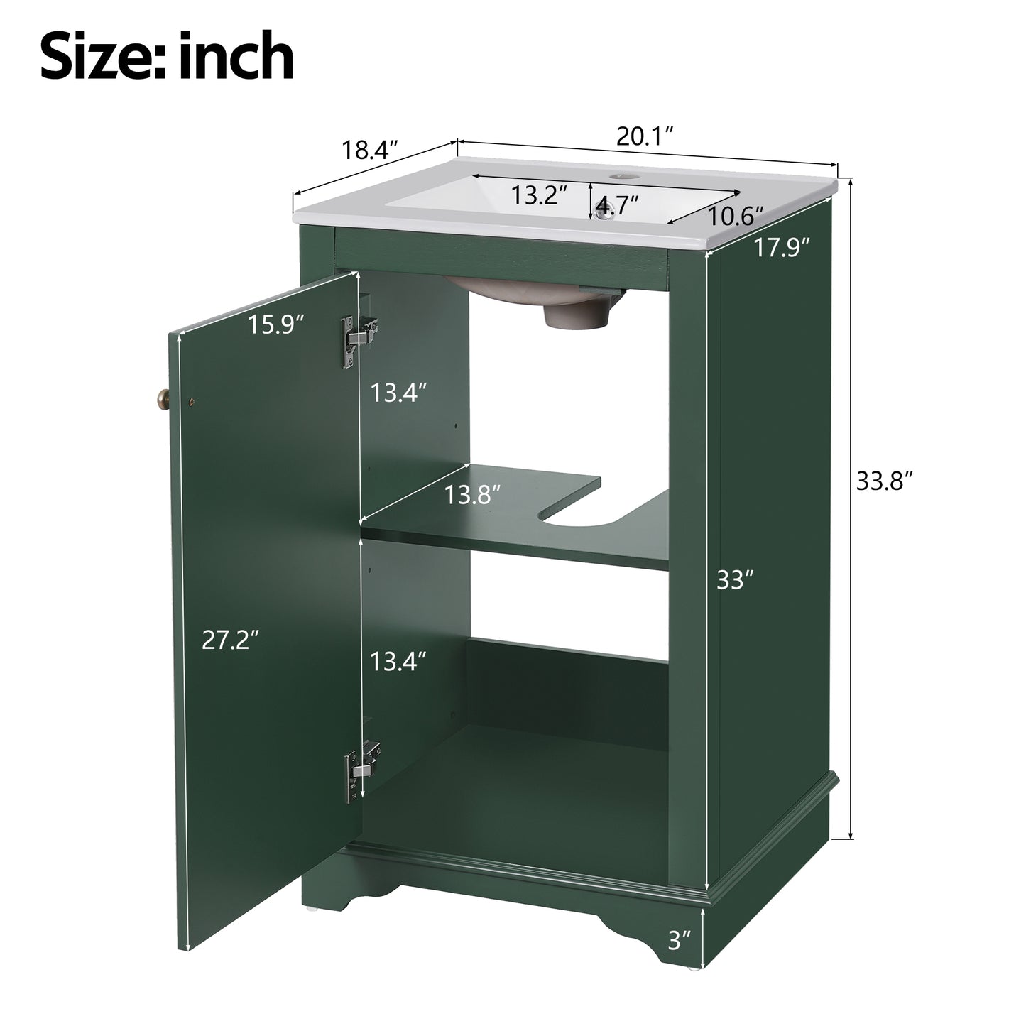 VanityFus 20.1-in Green Bathroom Vanity Undermount Single Sink Combo with 1 Soft Close with Ceramic Top Adjustable Shelves
