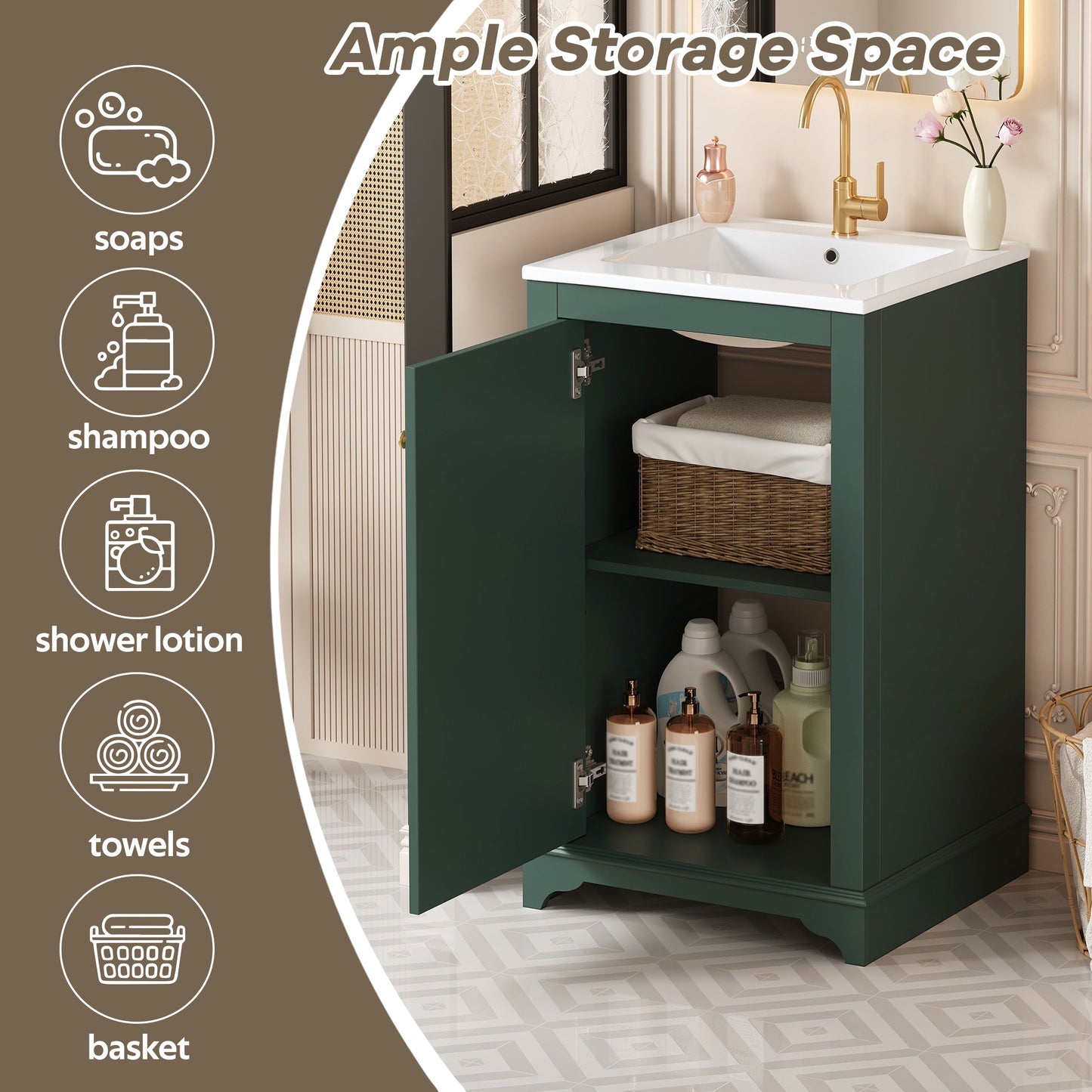 VanityFus 20.1-in Green Bathroom Vanity Undermount Single Sink Combo with 1 Soft Close with Ceramic Top Adjustable Shelves