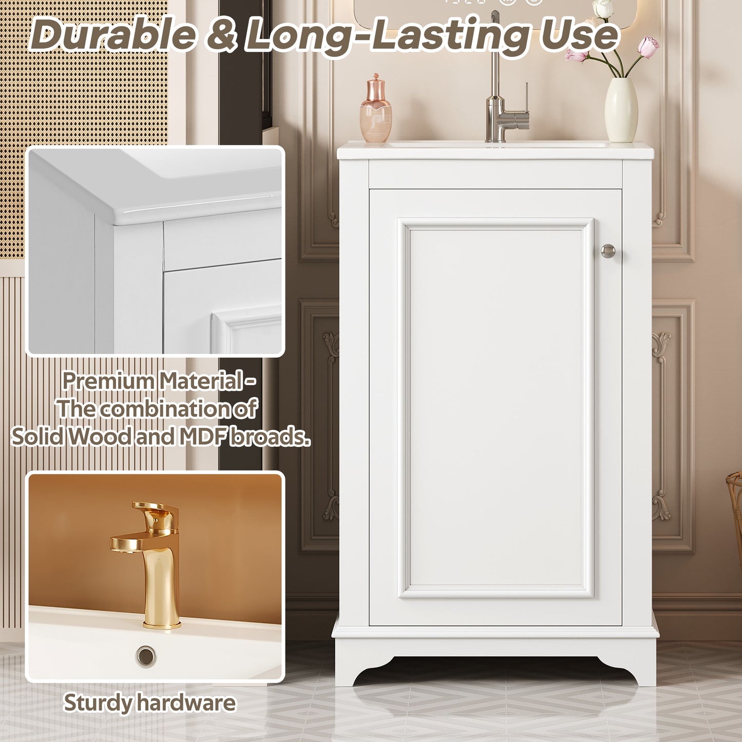 VanityFus 20.1-in White Bathroom Vanity Undermount Single Sink Combo with 1 Soft Close with Ceramic Top Adjustable Shelves