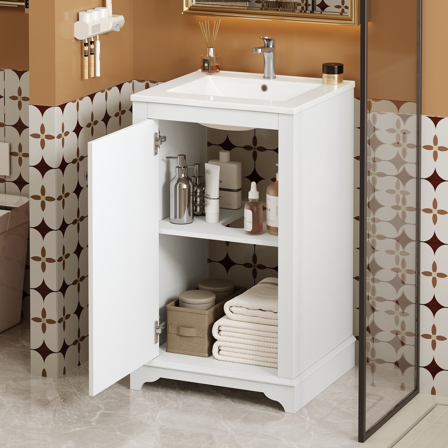 VanityFus 20.1-in White Bathroom Vanity Undermount Single Sink Combo with 1 Soft Close with Ceramic Top Adjustable Shelves