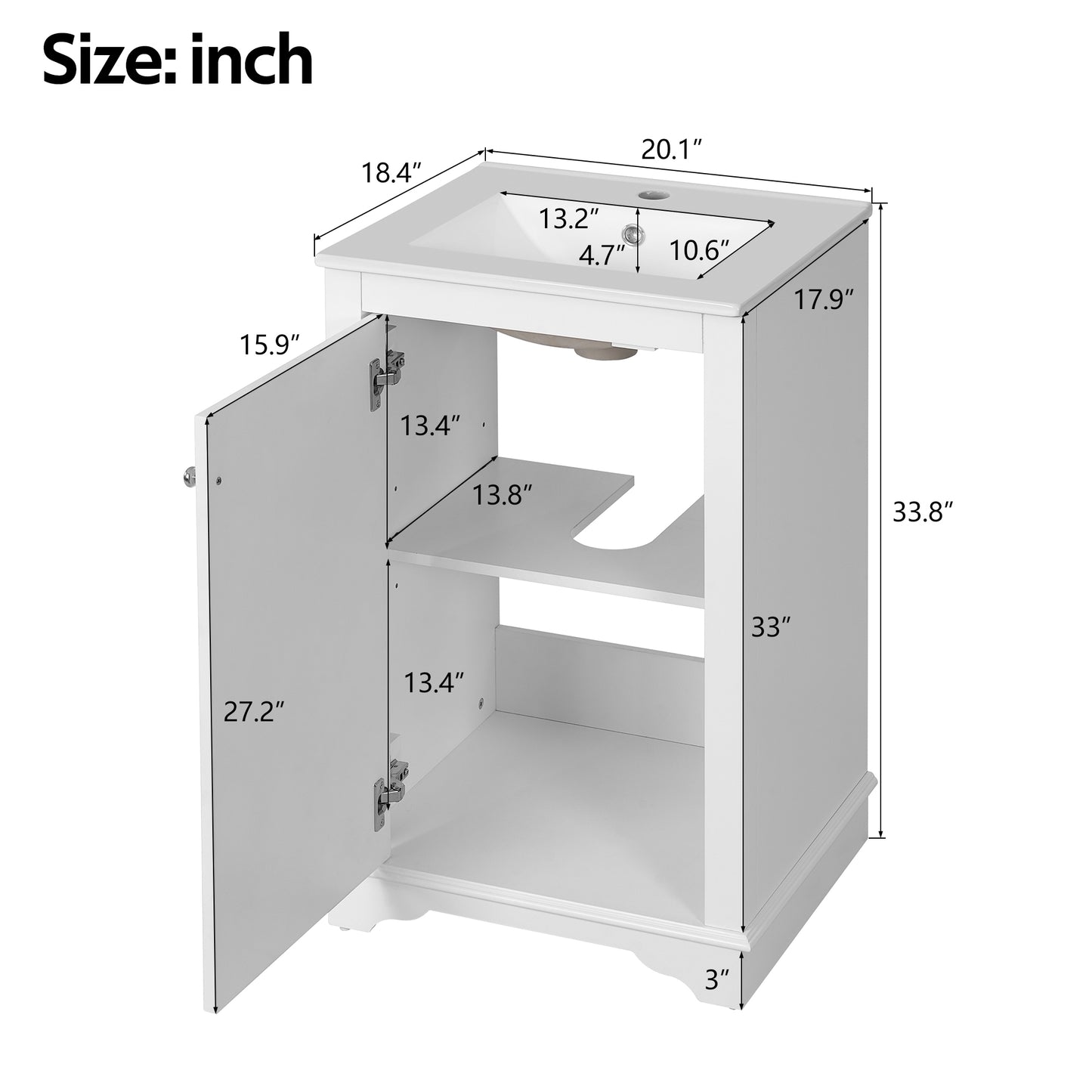 VanityFus 20.1-in White Bathroom Vanity Undermount Single Sink Combo with 1 Soft Close with Ceramic Top Adjustable Shelves