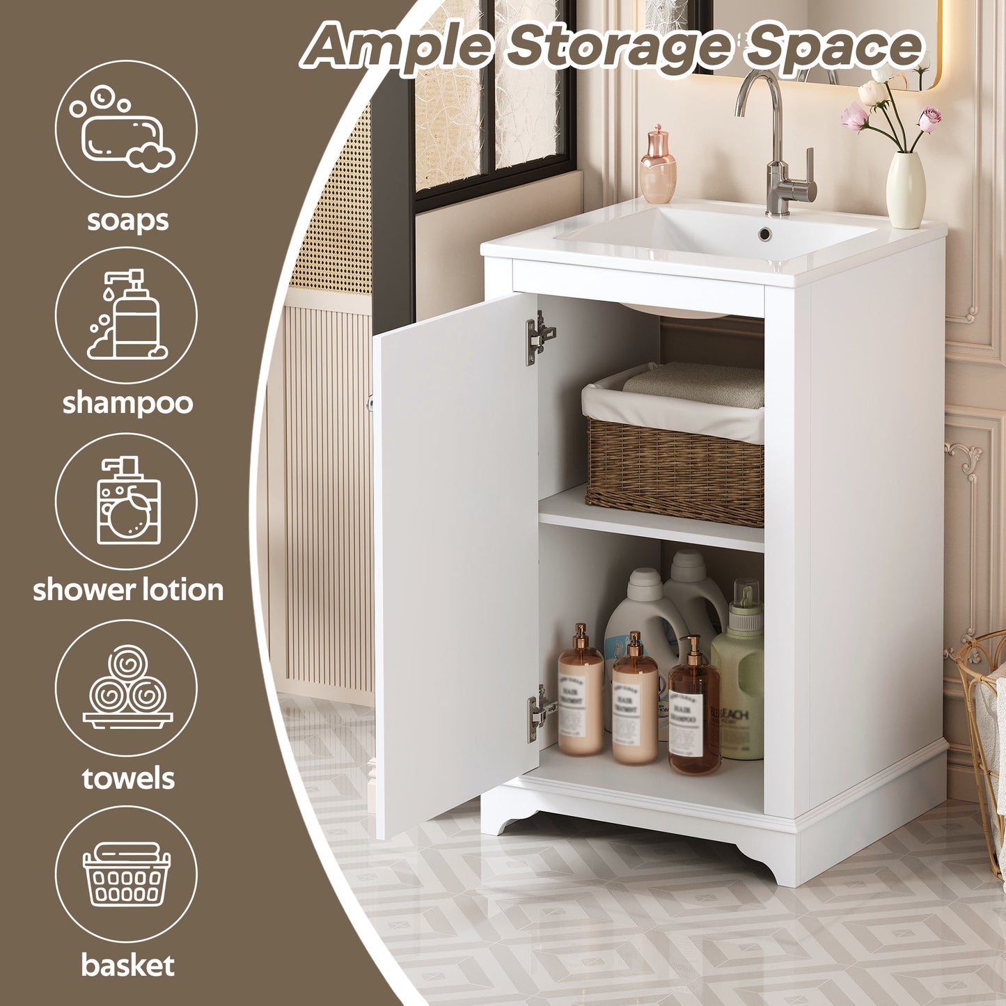 VanityFus 20.1-in White Bathroom Vanity Undermount Single Sink Combo with 1 Soft Close with Ceramic Top Adjustable Shelves