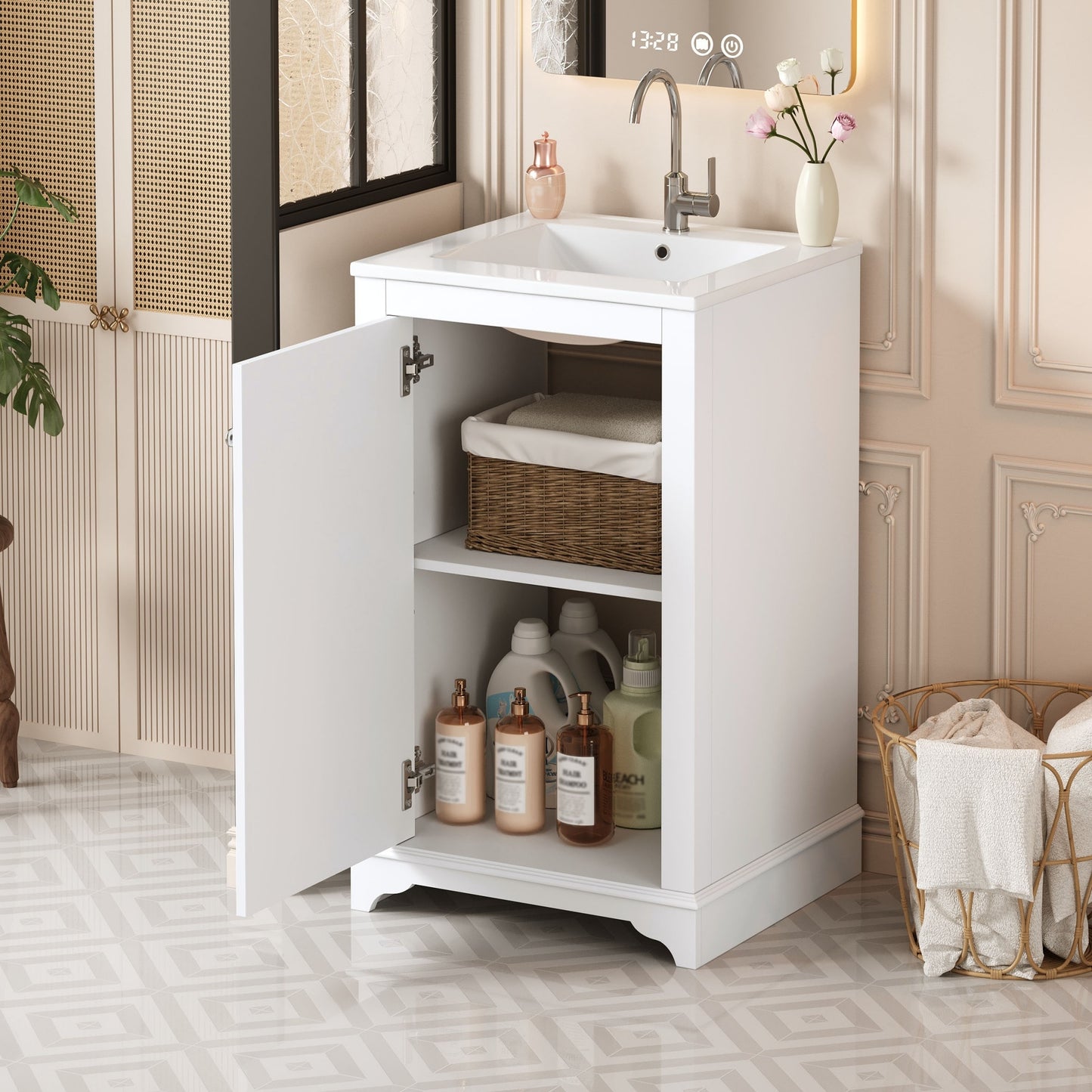 VanityFus 20.1-in White Bathroom Vanity Undermount Single Sink Combo with 1 Soft Close with Ceramic Top Adjustable Shelves
