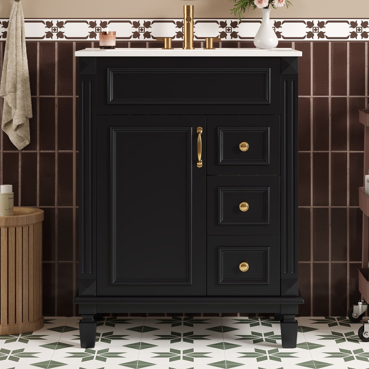 VanityFus 24-in Black Bathroom Vanity Undermount Single Sink Combo with Ceramic Top 1 Soft Close Door 2 Drawers Adjustable Shelves