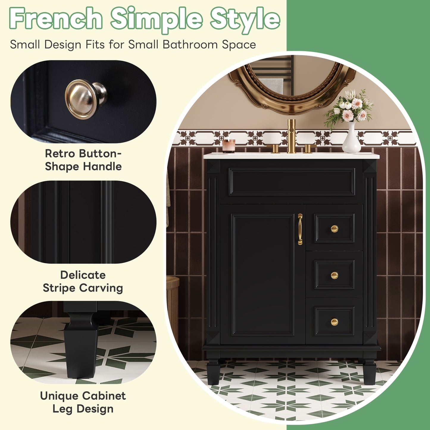 VanityFus 24-in Black Bathroom Vanity Undermount Single Sink Combo with Ceramic Top 1 Soft Close Door 2 Drawers Adjustable Shelves