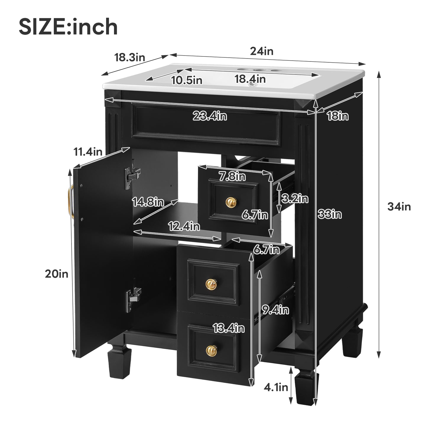 VanityFus 24-in Black Bathroom Vanity Undermount Single Sink Combo with Ceramic Top 1 Soft Close Door 2 Drawers Adjustable Shelves