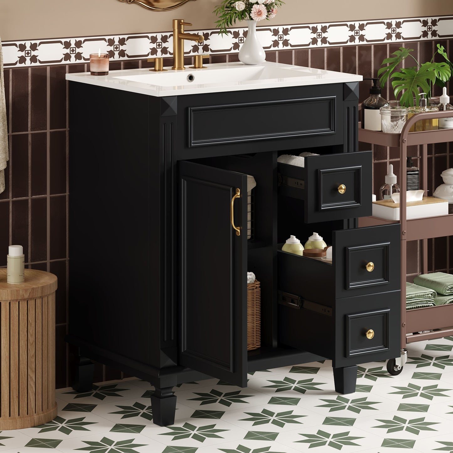 VanityFus 24-in Black Bathroom Vanity Undermount Single Sink Combo with Ceramic Top 1 Soft Close Door 2 Drawers Adjustable Shelves