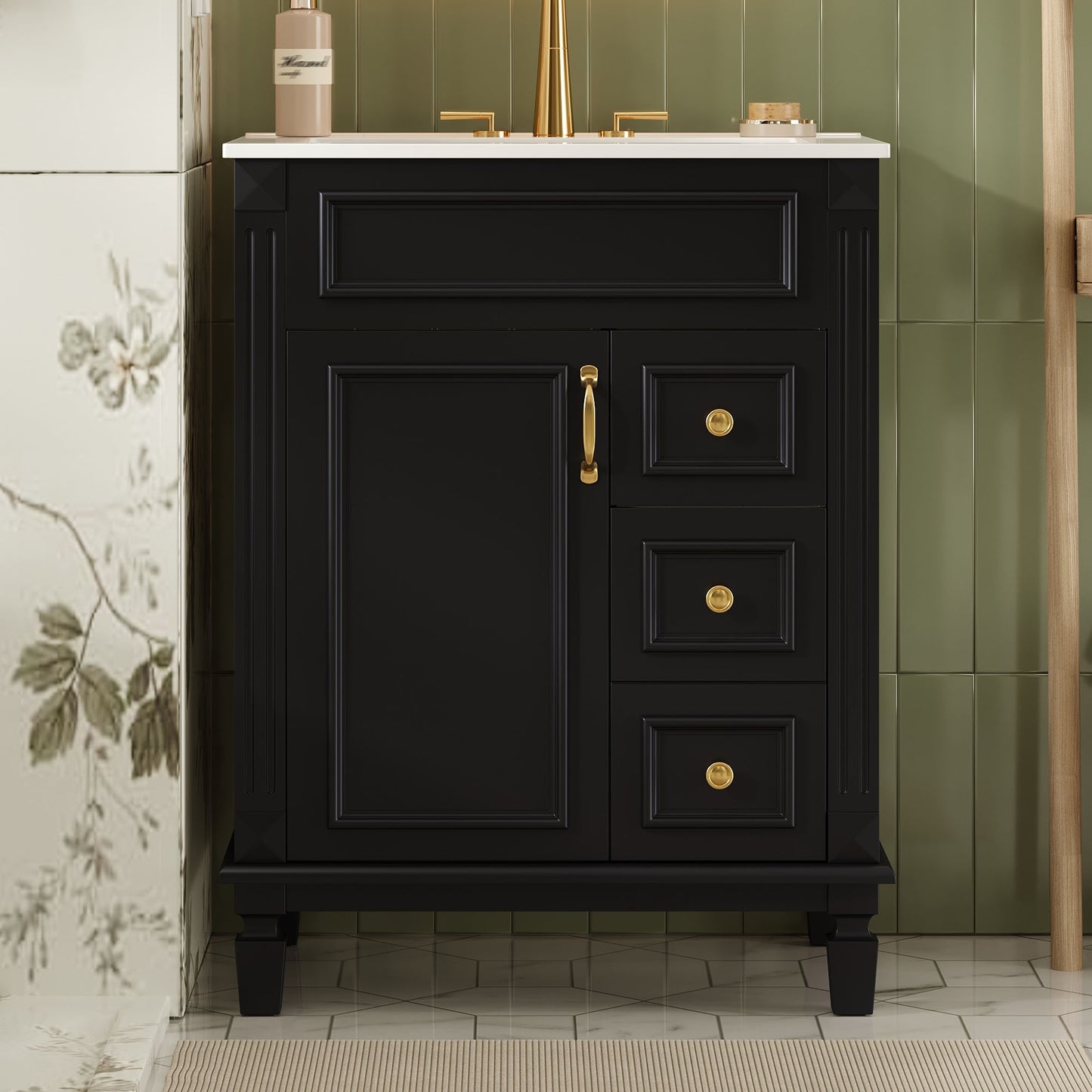 VanityFus 24-in Black Bathroom Vanity Undermount Single Sink Combo with Ceramic Top 1 Soft Close Door 2 Drawers Adjustable Shelves