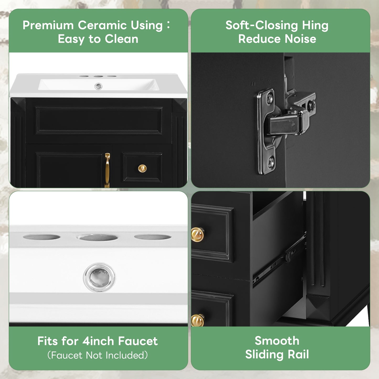 VanityFus 24-in Black Bathroom Vanity Undermount Single Sink Combo with Ceramic Top 1 Soft Close Door 2 Drawers Adjustable Shelves