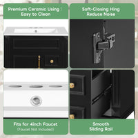 VanityFus 24-in Black Bathroom Vanity Undermount Single Sink Combo with Ceramic Top 1 Soft Close Door 2 Drawers Adjustable Shelves