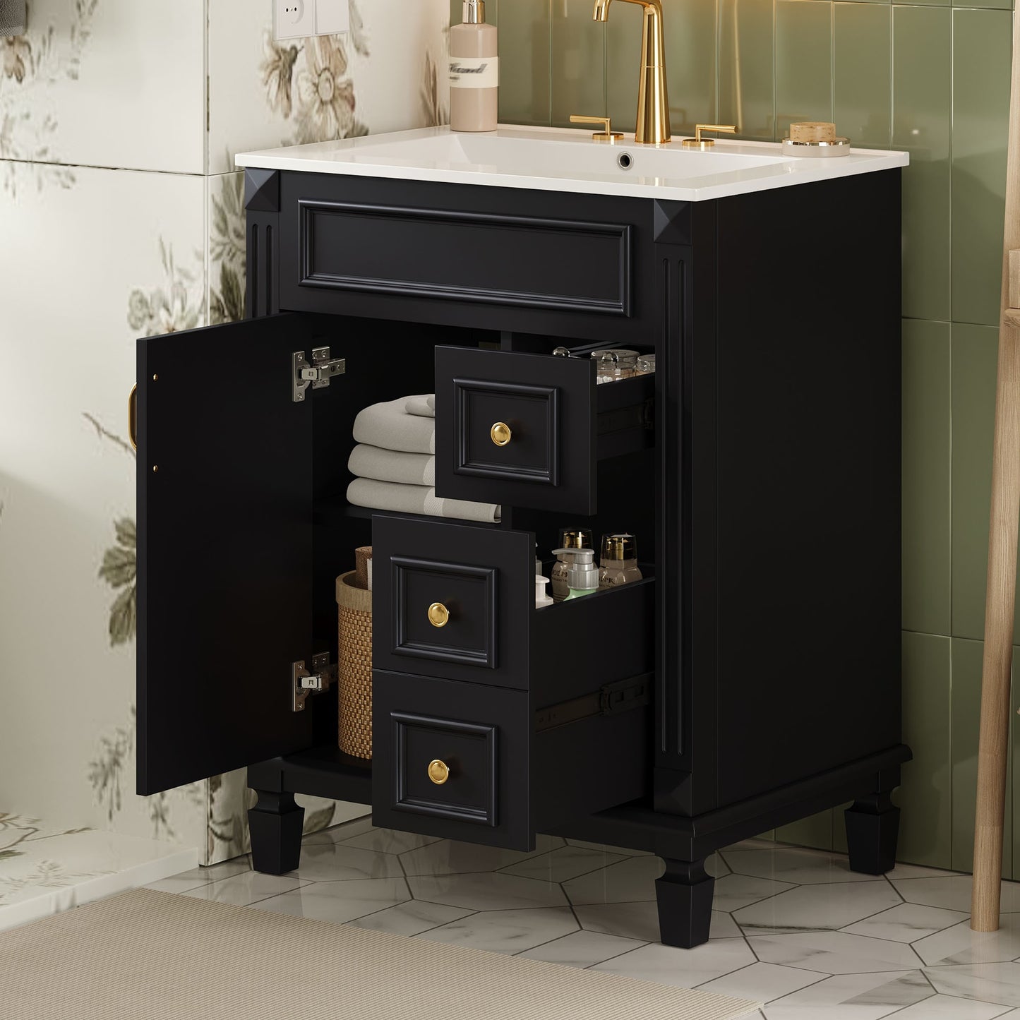 VanityFus 24-in Black Bathroom Vanity Undermount Single Sink Combo with Ceramic Top 1 Soft Close Door 2 Drawers Adjustable Shelves