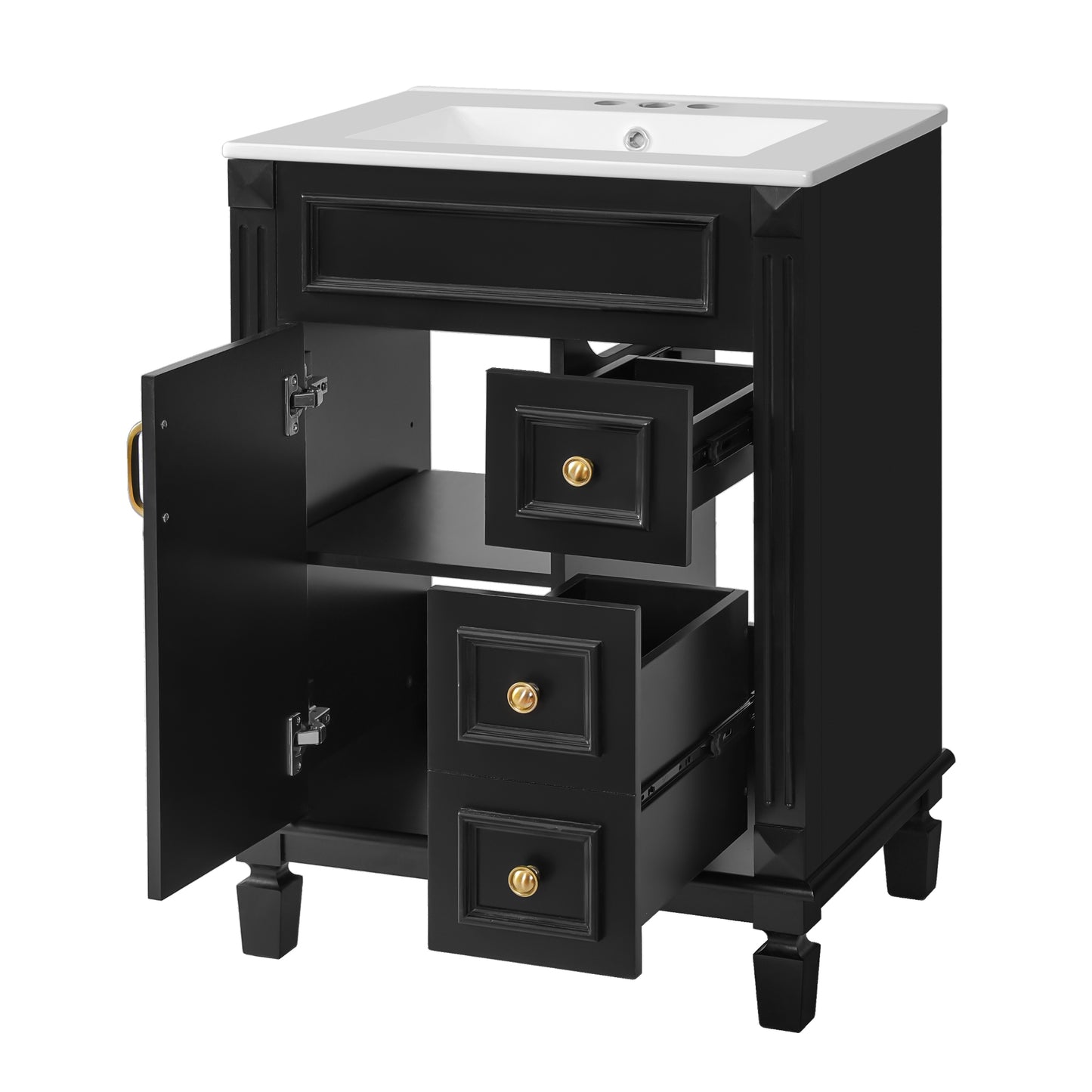 VanityFus 24-in Black Bathroom Vanity Undermount Single Sink Combo with Ceramic Top 1 Soft Close Door 2 Drawers Adjustable Shelves