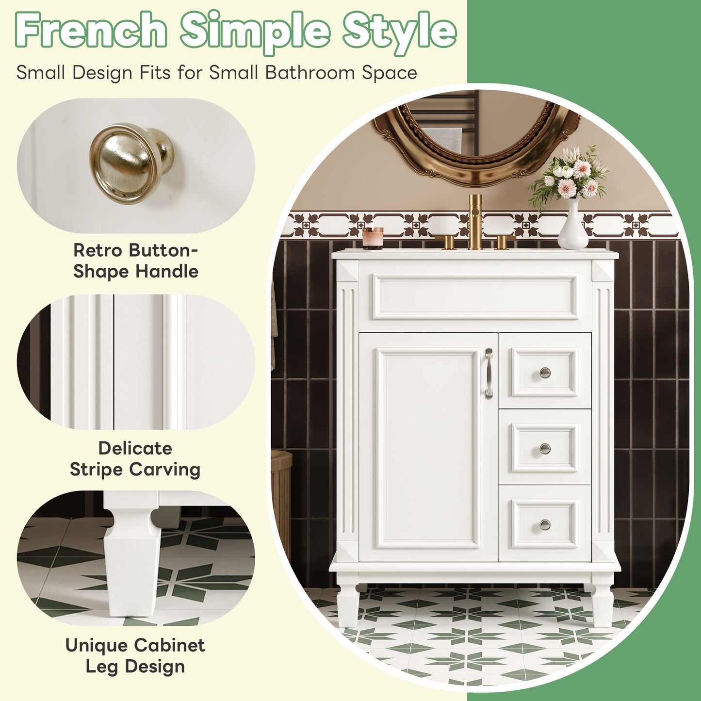 VanityFus 24-in White Bathroom Vanity Undermount Single Sink Combo with Ceramic Top 1 Soft Close Door 2 Drawers Adjustable Shelves