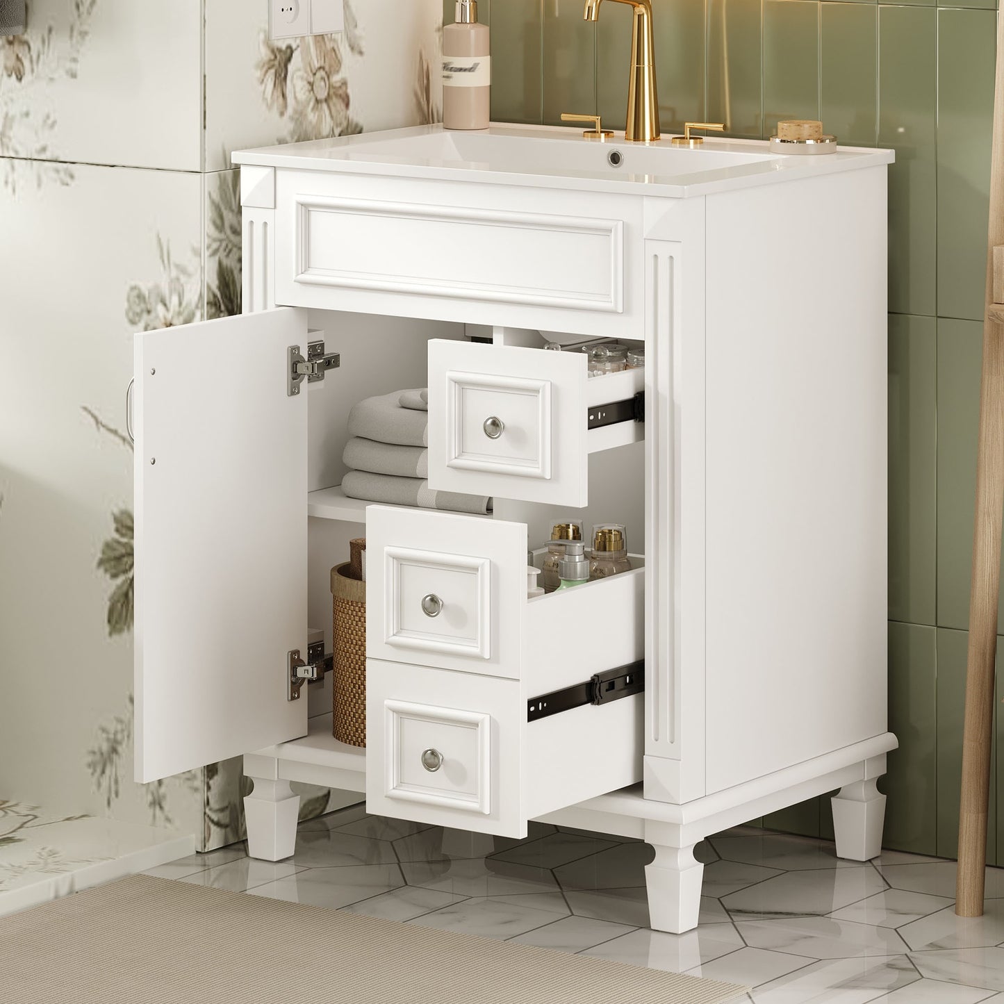VanityFus 24-in White Bathroom Vanity Undermount Single Sink Combo with Ceramic Top 1 Soft Close Door 2 Drawers Adjustable Shelves