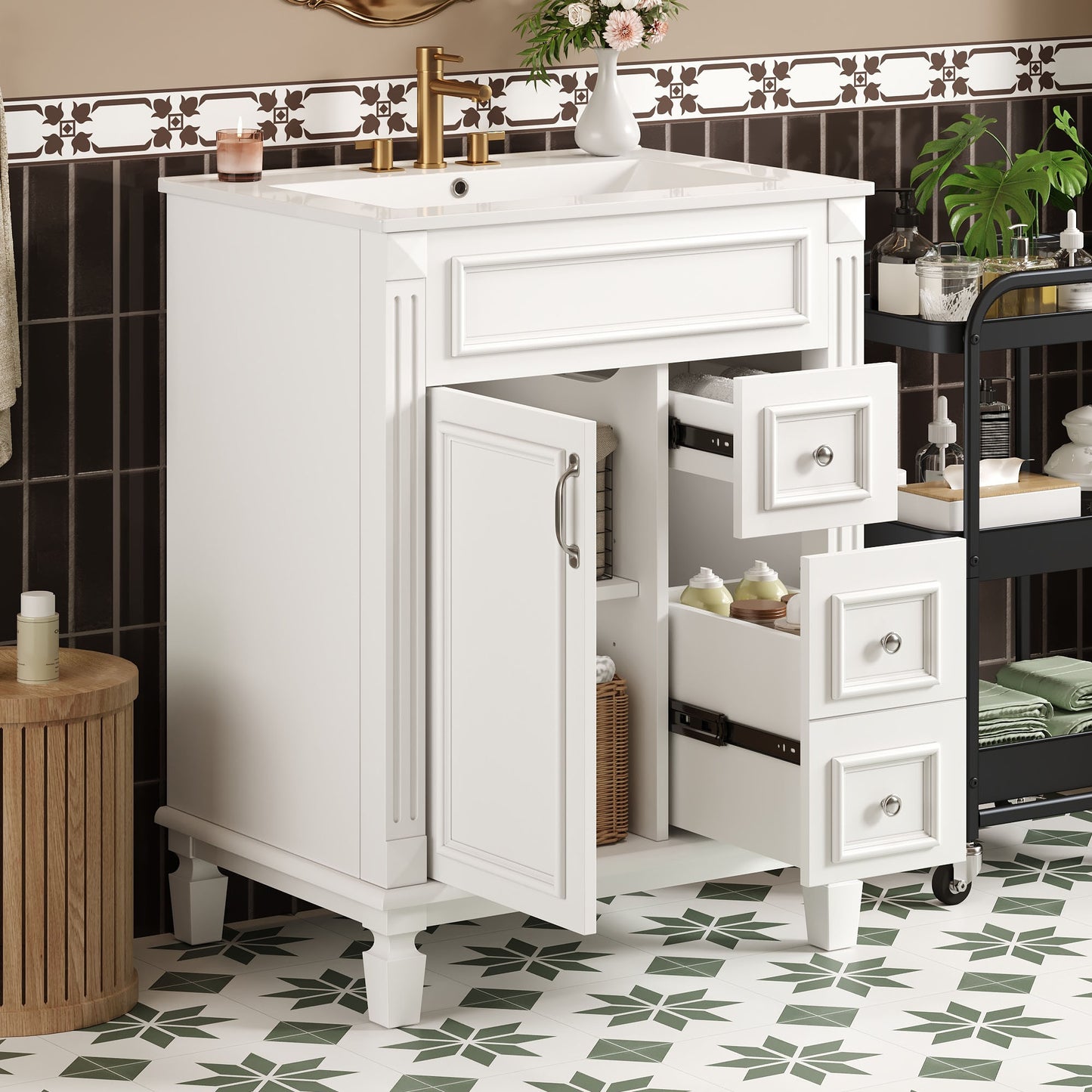 VanityFus 24-in White Bathroom Vanity Undermount Single Sink Combo with Ceramic Top 1 Soft Close Door 2 Drawers Adjustable Shelves