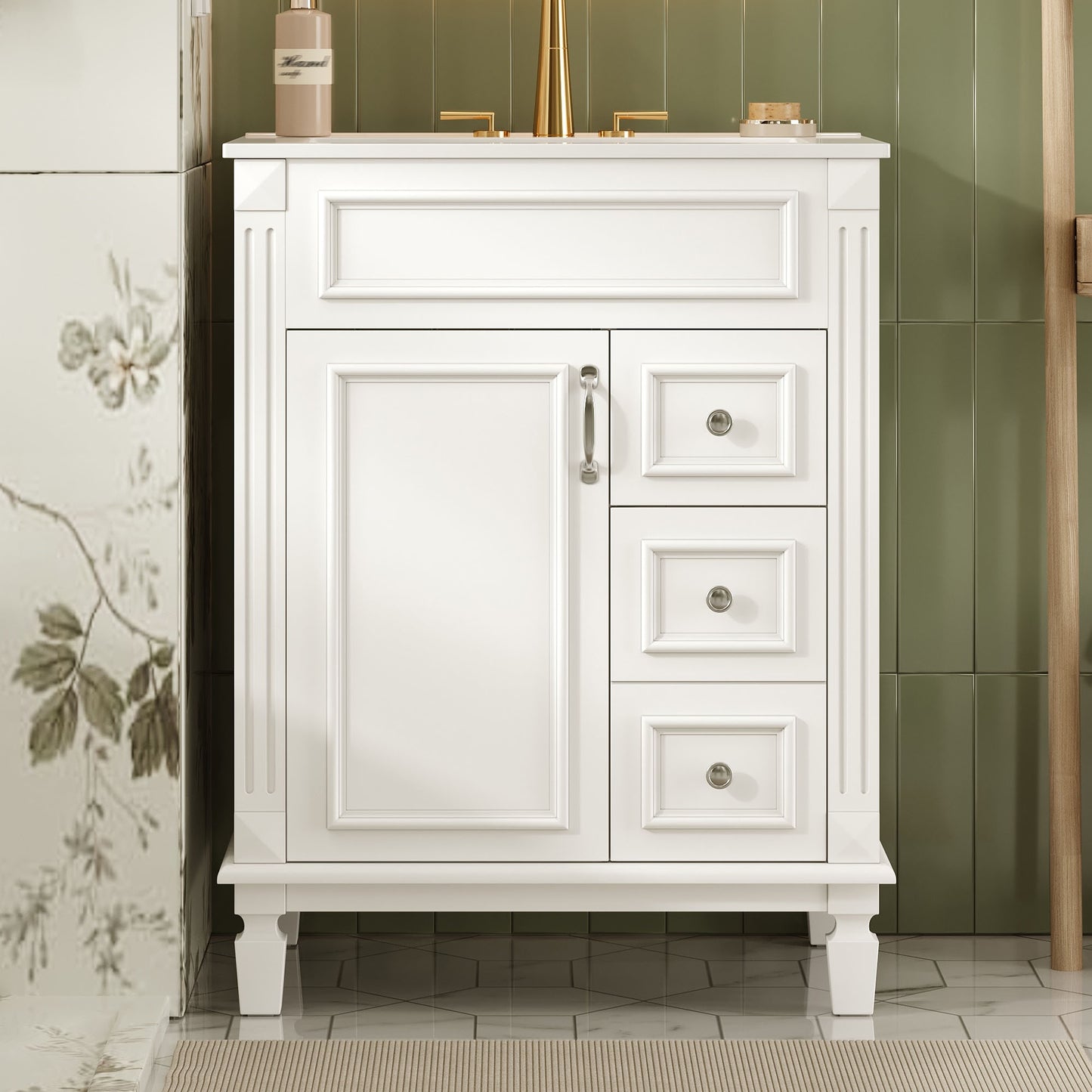 VanityFus 24-in White Bathroom Vanity Undermount Single Sink Combo with Ceramic Top 1 Soft Close Door 2 Drawers Adjustable Shelves