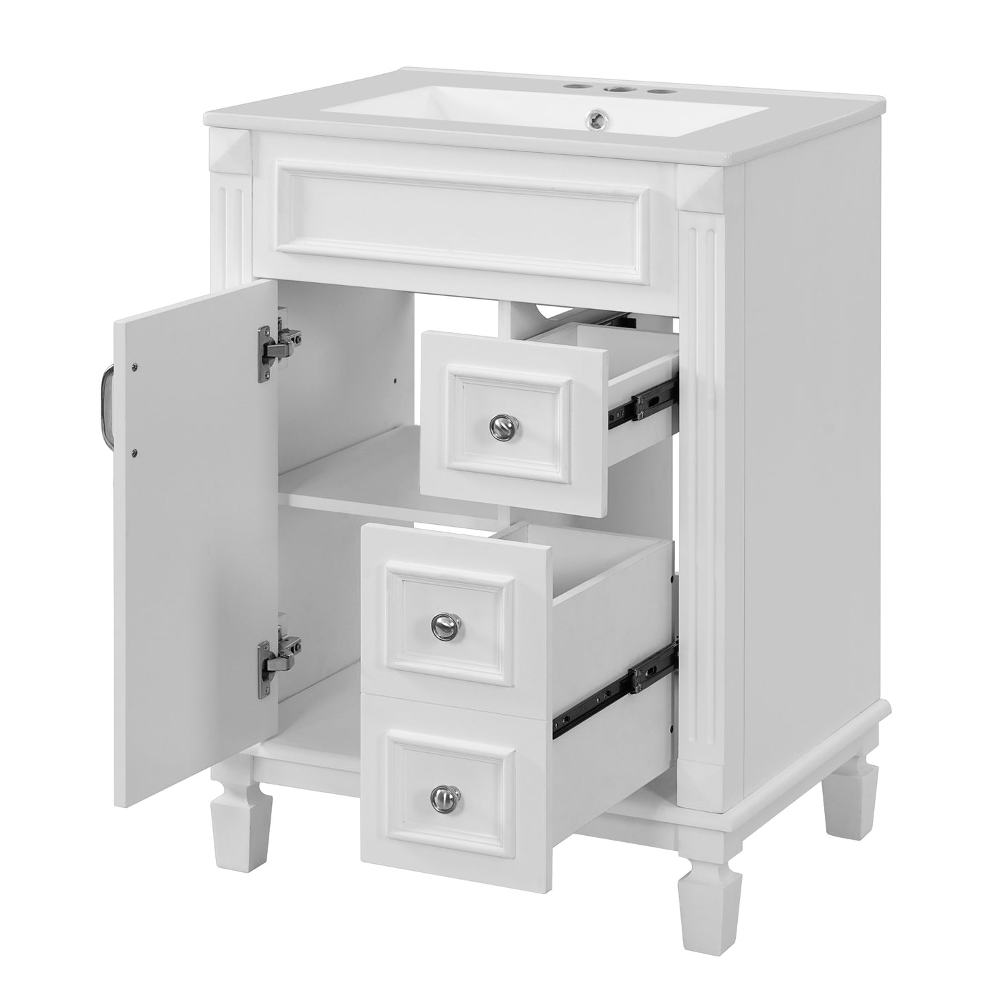 VanityFus 24-in White Bathroom Vanity Undermount Single Sink Combo with Ceramic Top 1 Soft Close Door 2 Drawers Adjustable Shelves
