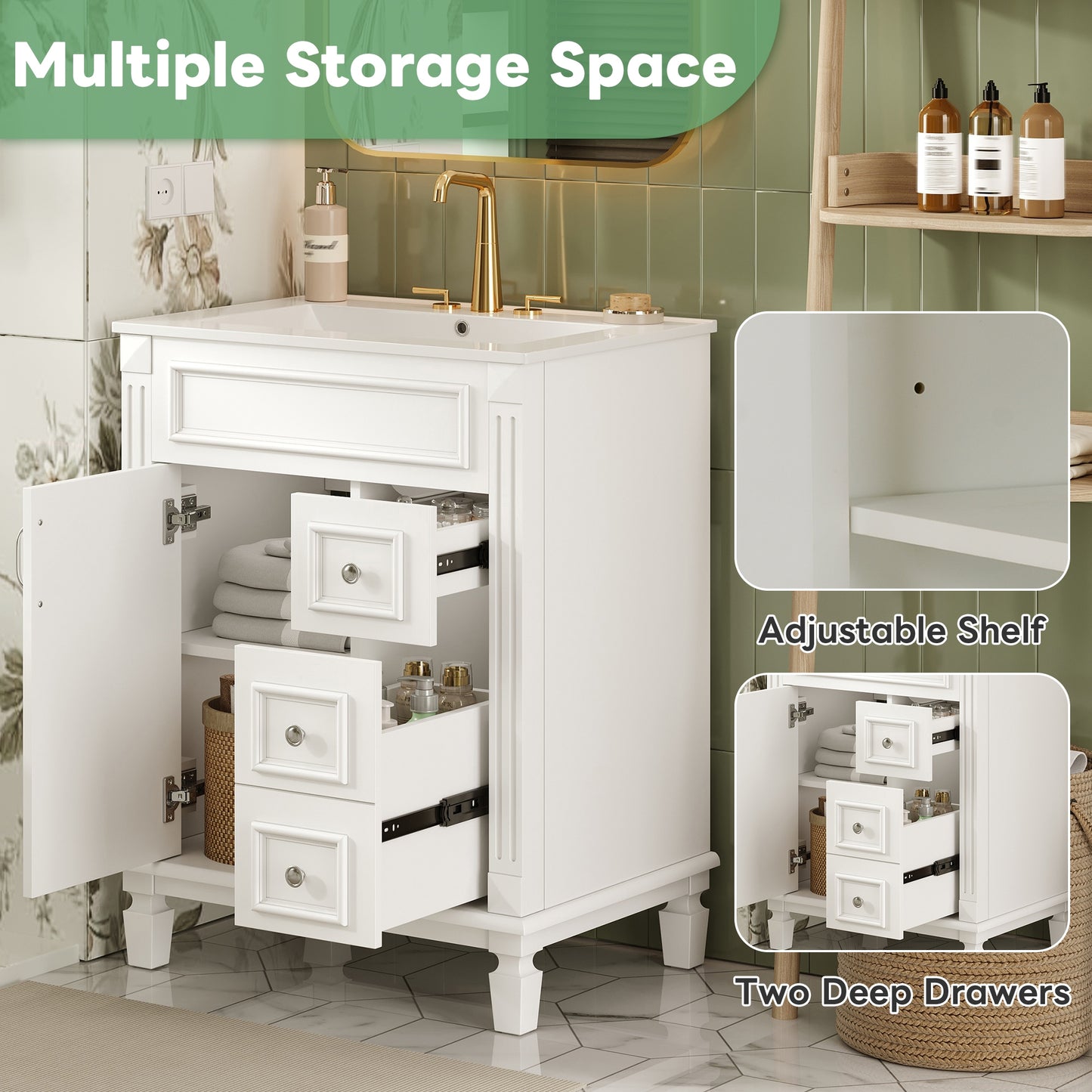 VanityFus 24-in White Bathroom Vanity Undermount Single Sink Combo with Ceramic Top 1 Soft Close Door 2 Drawers Adjustable Shelves