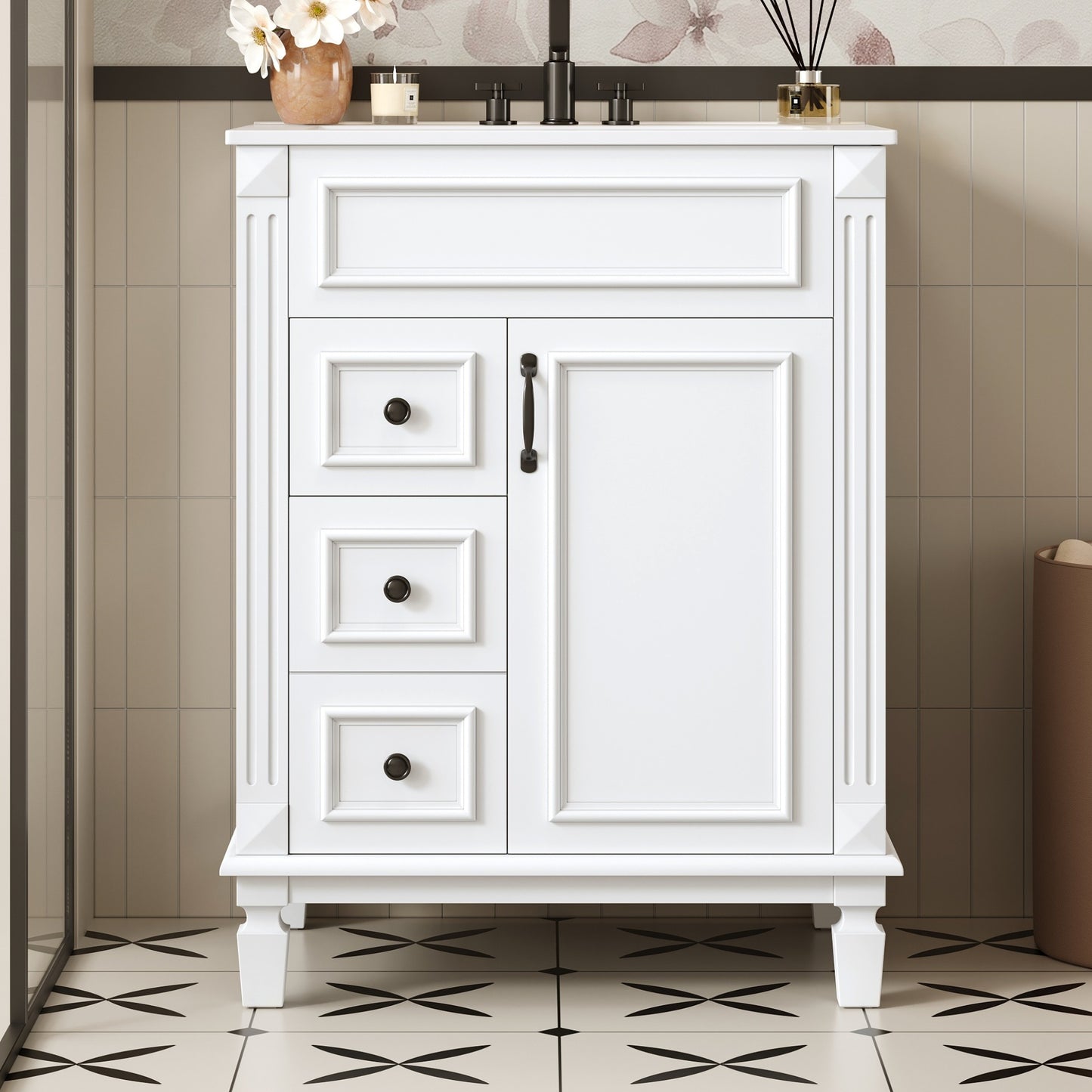 VanityFus 24-in White Bathroom Vanity Undermount Single Sink Combo with 1 Soft Close with Ceramic Top 2 Drawers Adjustable Shelves