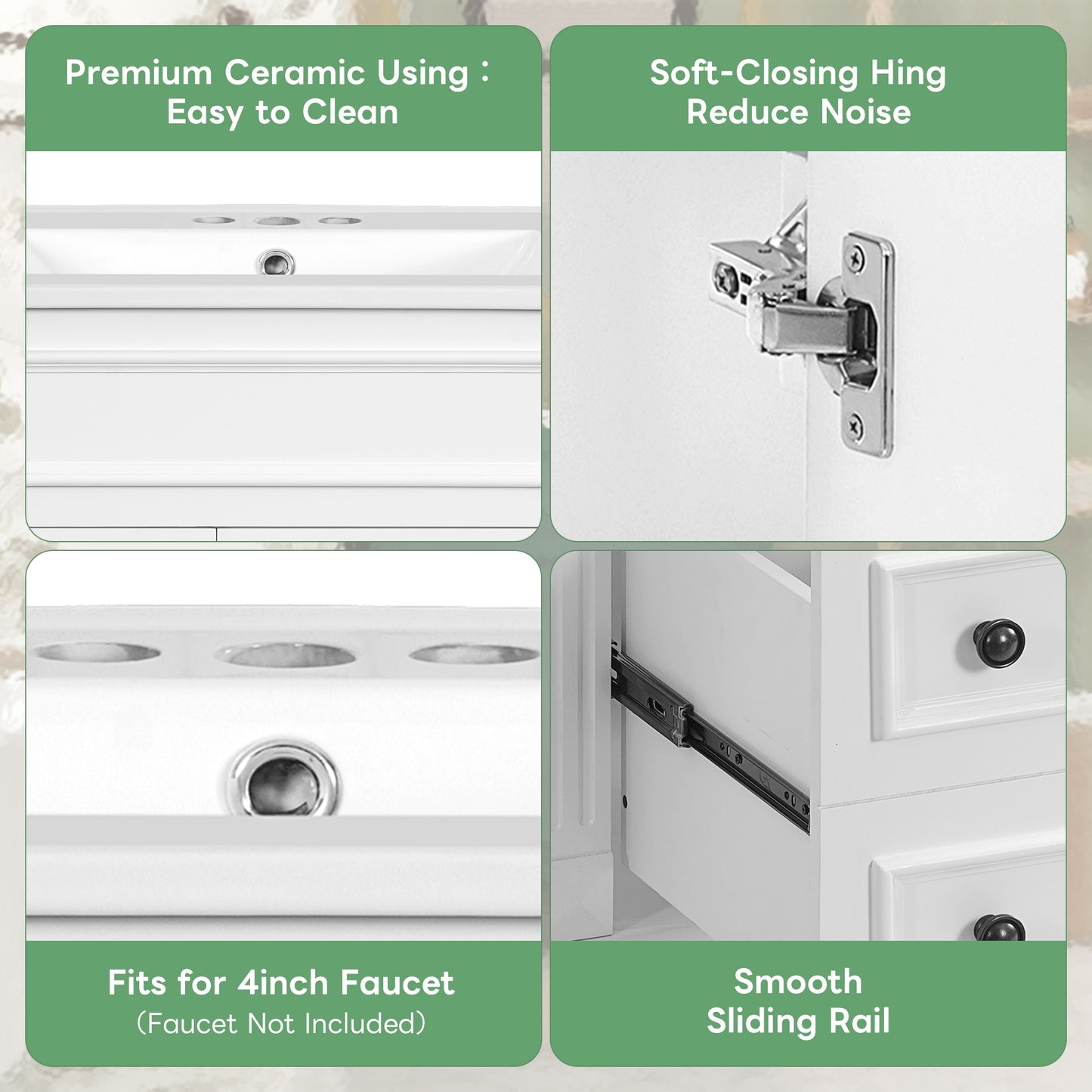 VanityFus 24-in White Bathroom Vanity Undermount Single Sink Combo with 1 Soft Close with Ceramic Top 2 Drawers Adjustable Shelves