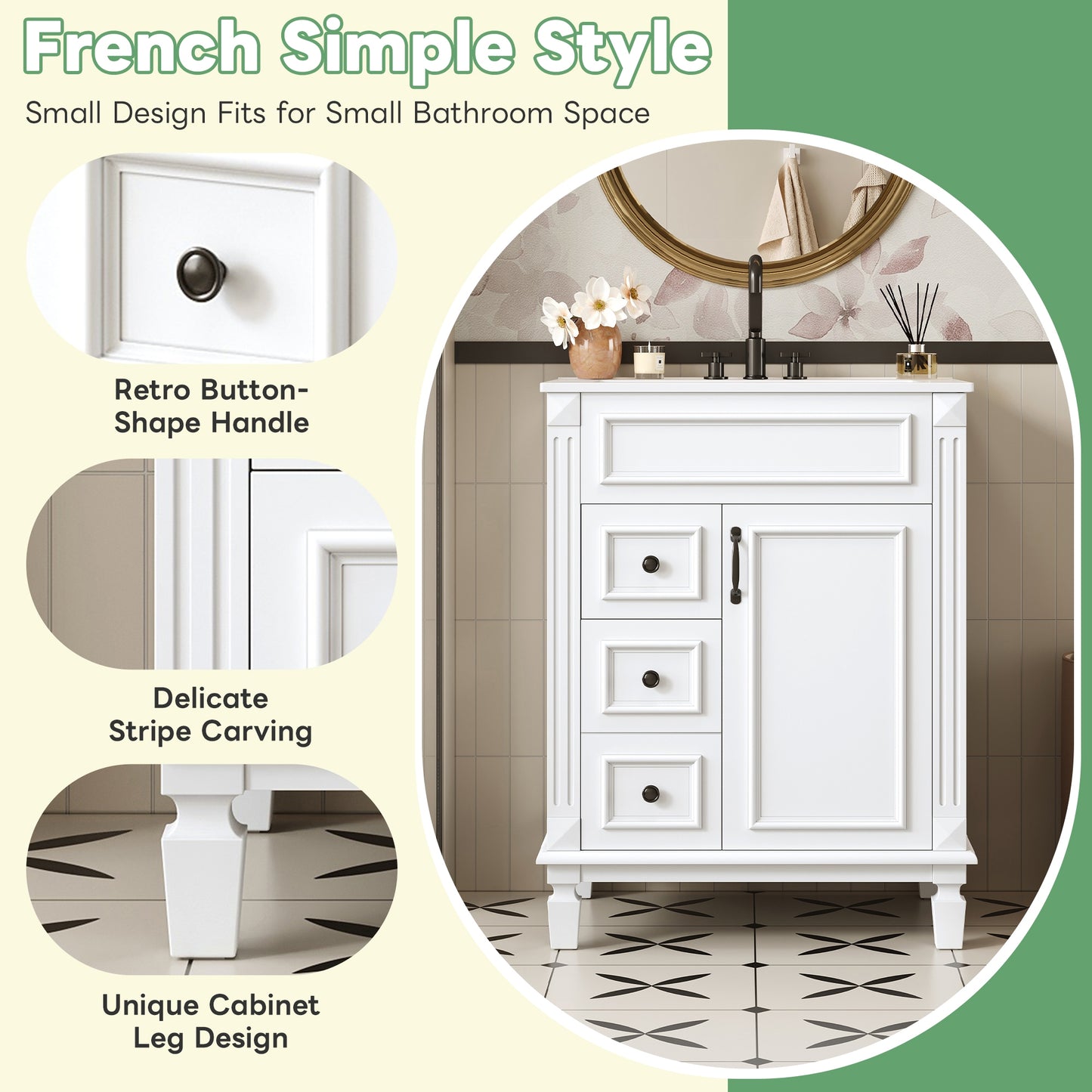 VanityFus 24-in White Bathroom Vanity Undermount Single Sink Combo with 1 Soft Close with Ceramic Top 2 Drawers Adjustable Shelves