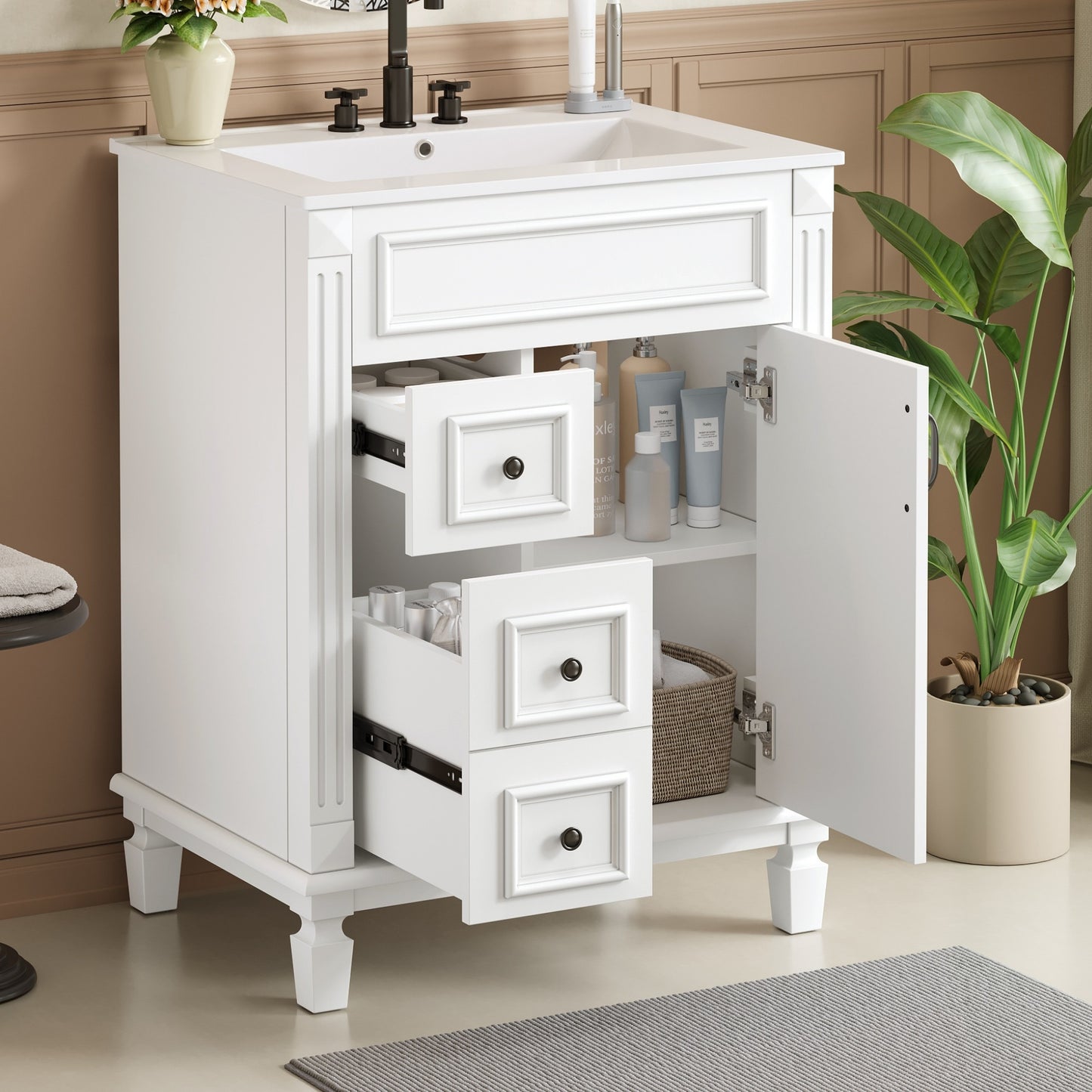 VanityFus 24-in White Bathroom Vanity Undermount Single Sink Combo with 1 Soft Close with Ceramic Top 2 Drawers Adjustable Shelves