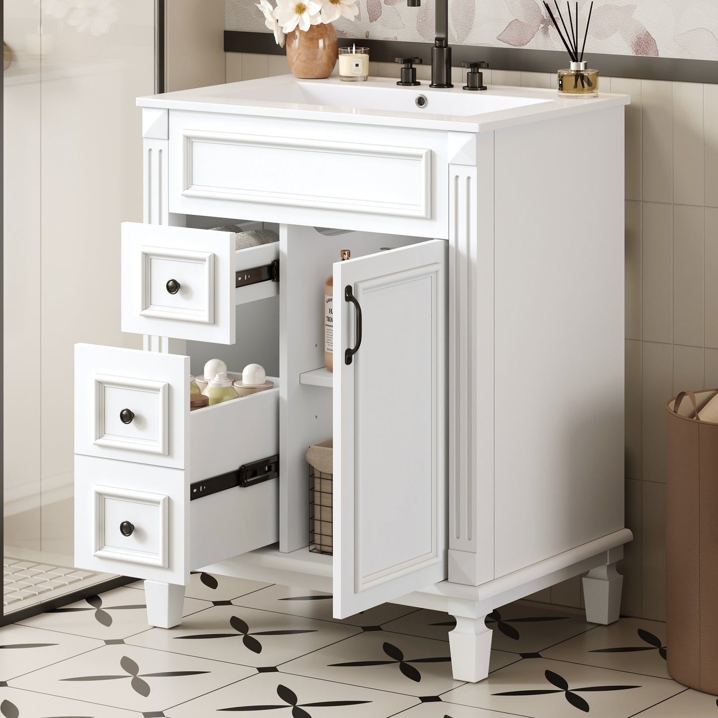 VanityFus 24-in White Bathroom Vanity Undermount Single Sink Combo with 1 Soft Close with Ceramic Top 2 Drawers Adjustable Shelves