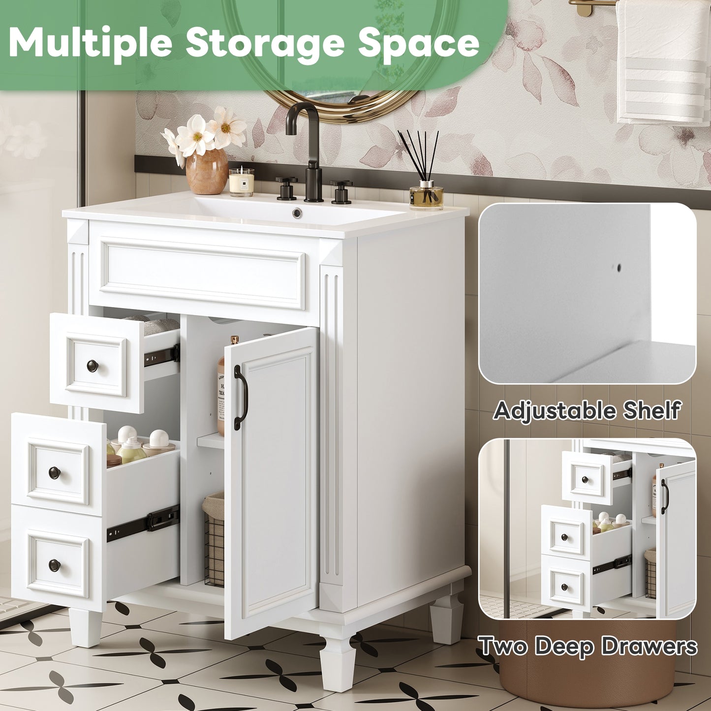 VanityFus 24-in White Bathroom Vanity Undermount Single Sink Combo with 1 Soft Close with Ceramic Top 2 Drawers Adjustable Shelves