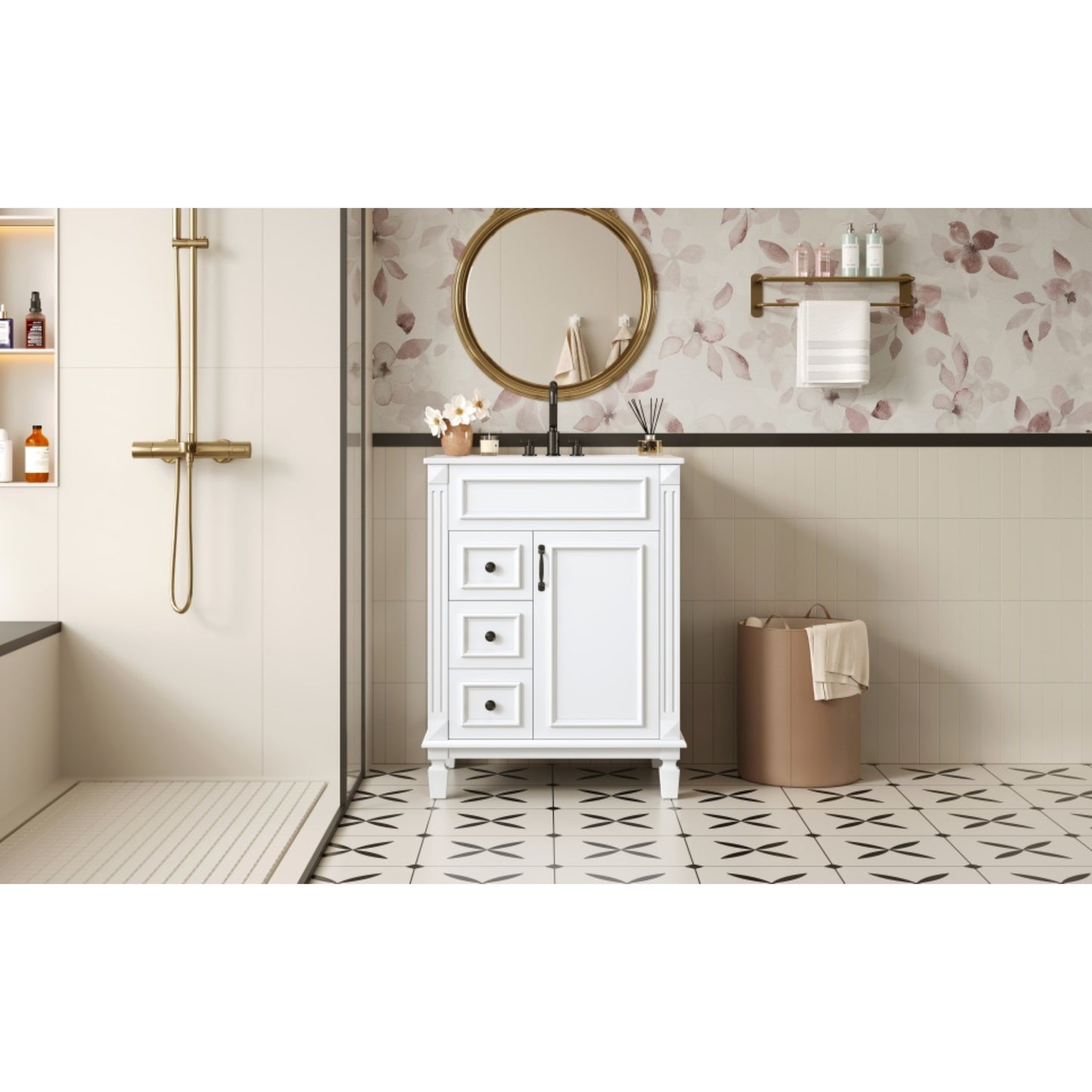 VanityFus 24-in White Bathroom Vanity Undermount Single Sink Combo with 1 Soft Close with Ceramic Top 2 Drawers Adjustable Shelves