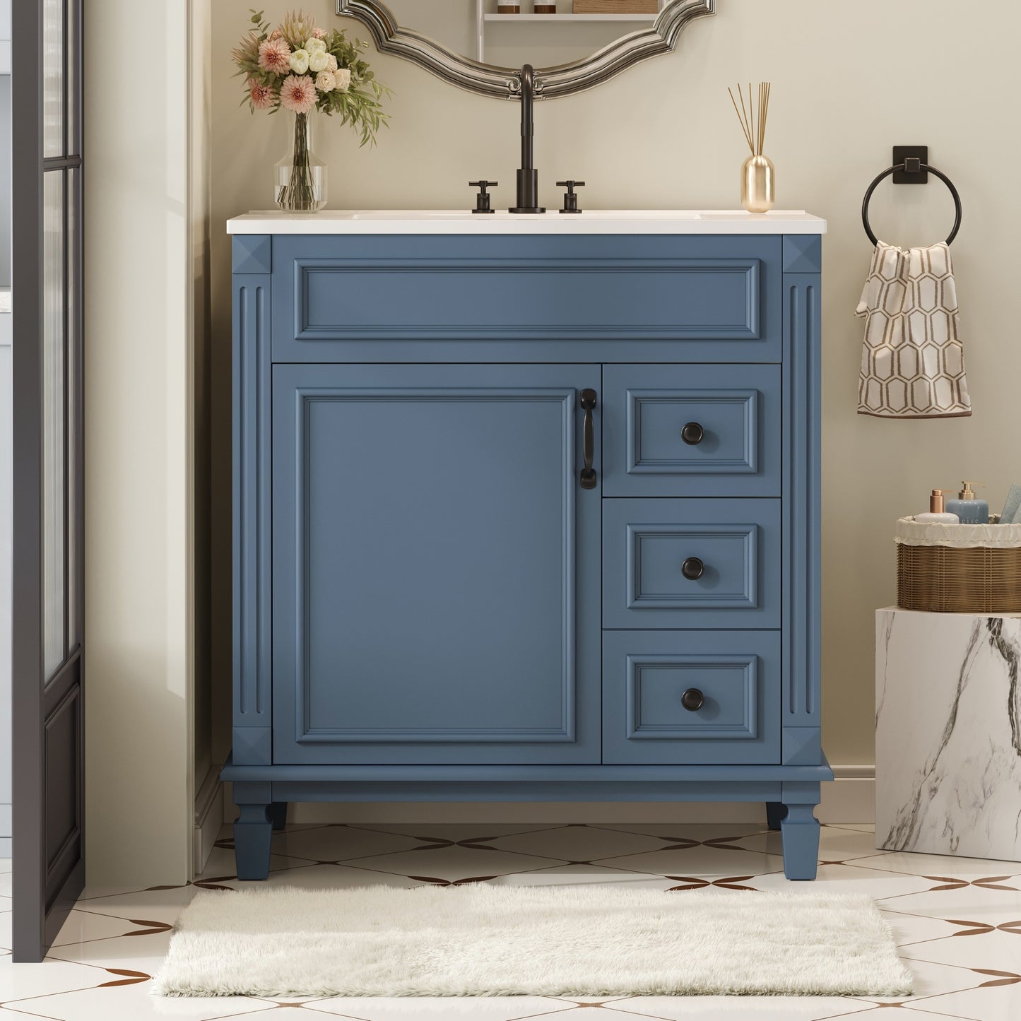VanityFus 30-in Blue Bathroom Vanity Undermount Single Sink Combo with 1 Soft Close with Ceramic Top 2 Drawers Adjustable Shelves