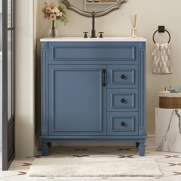 VanityFus 30-in Blue Bathroom Vanity Undermount Single Sink Combo with 1 Soft Close with Ceramic Top 2 Drawers Adjustable Shelves