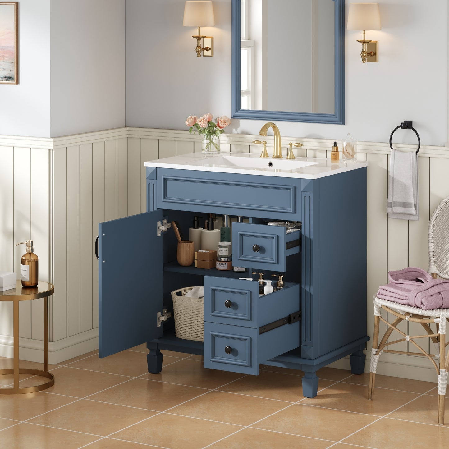 VanityFus 30-in Blue Bathroom Vanity Undermount Single Sink Combo with 1 Soft Close with Ceramic Top 2 Drawers Adjustable Shelves