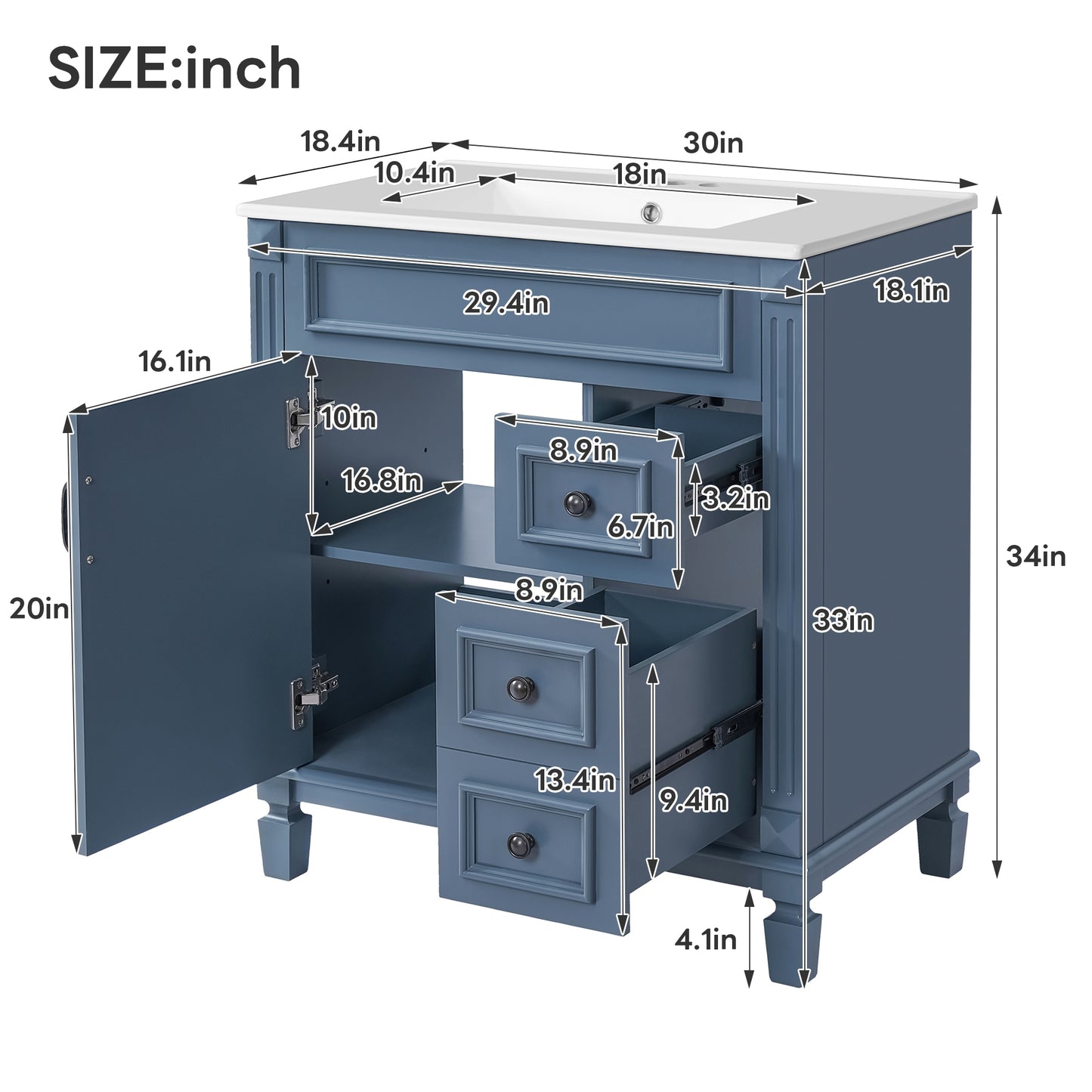 VanityFus 30-in Blue Bathroom Vanity Undermount Single Sink Combo with 1 Soft Close with Ceramic Top 2 Drawers Adjustable Shelves