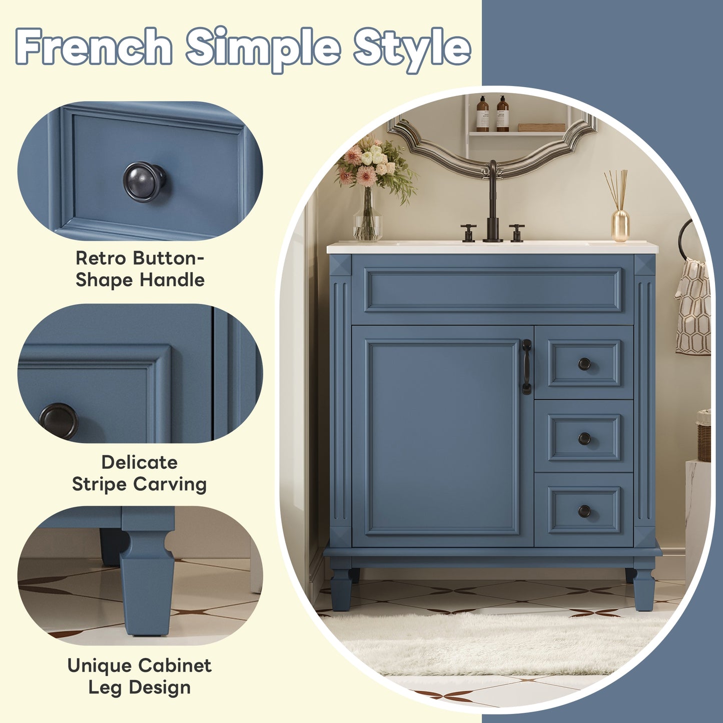 VanityFus 30-in Blue Bathroom Vanity Undermount Single Sink Combo with 1 Soft Close with Ceramic Top 2 Drawers Adjustable Shelves