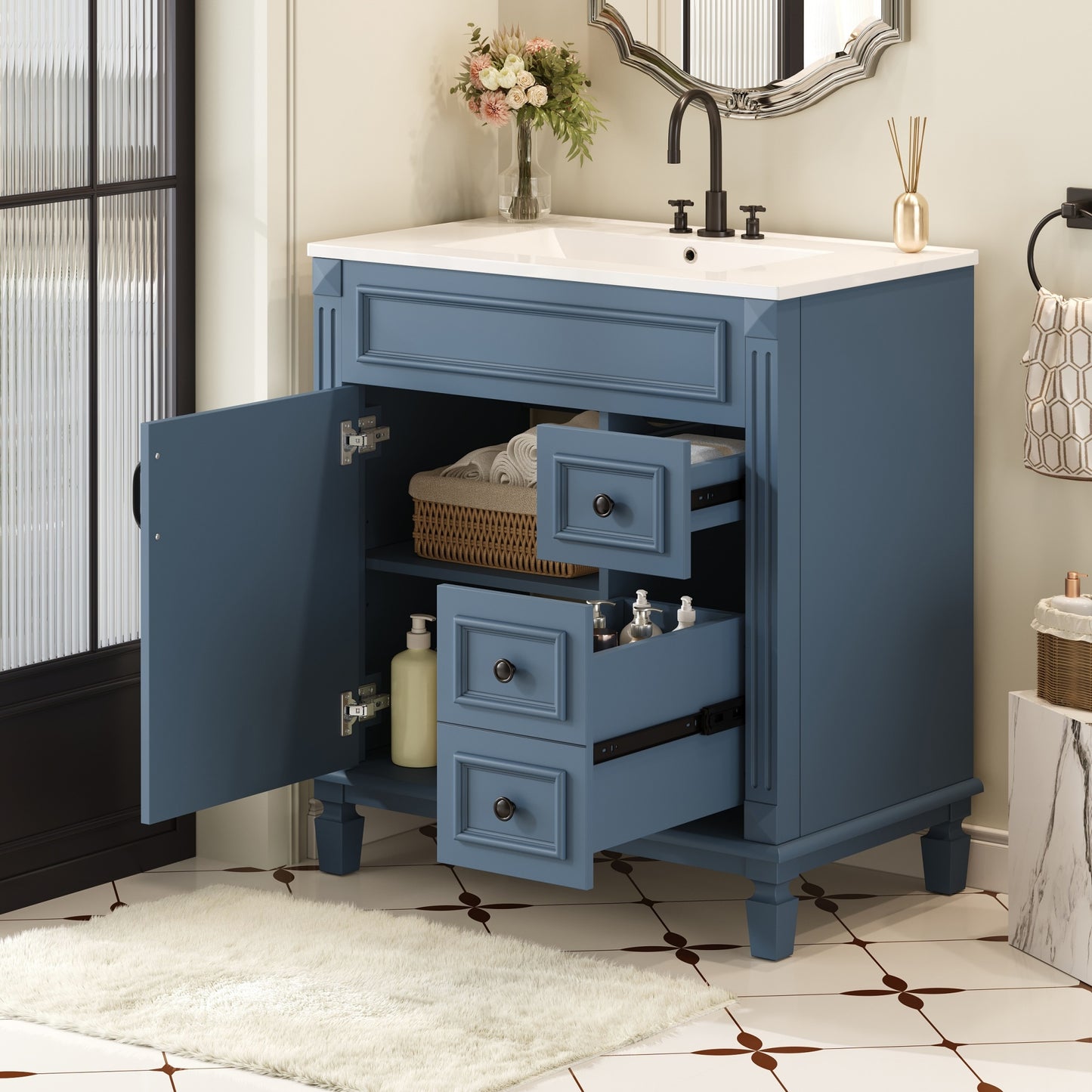 VanityFus 30-in Blue Bathroom Vanity Undermount Single Sink Combo with 1 Soft Close with Ceramic Top 2 Drawers Adjustable Shelves