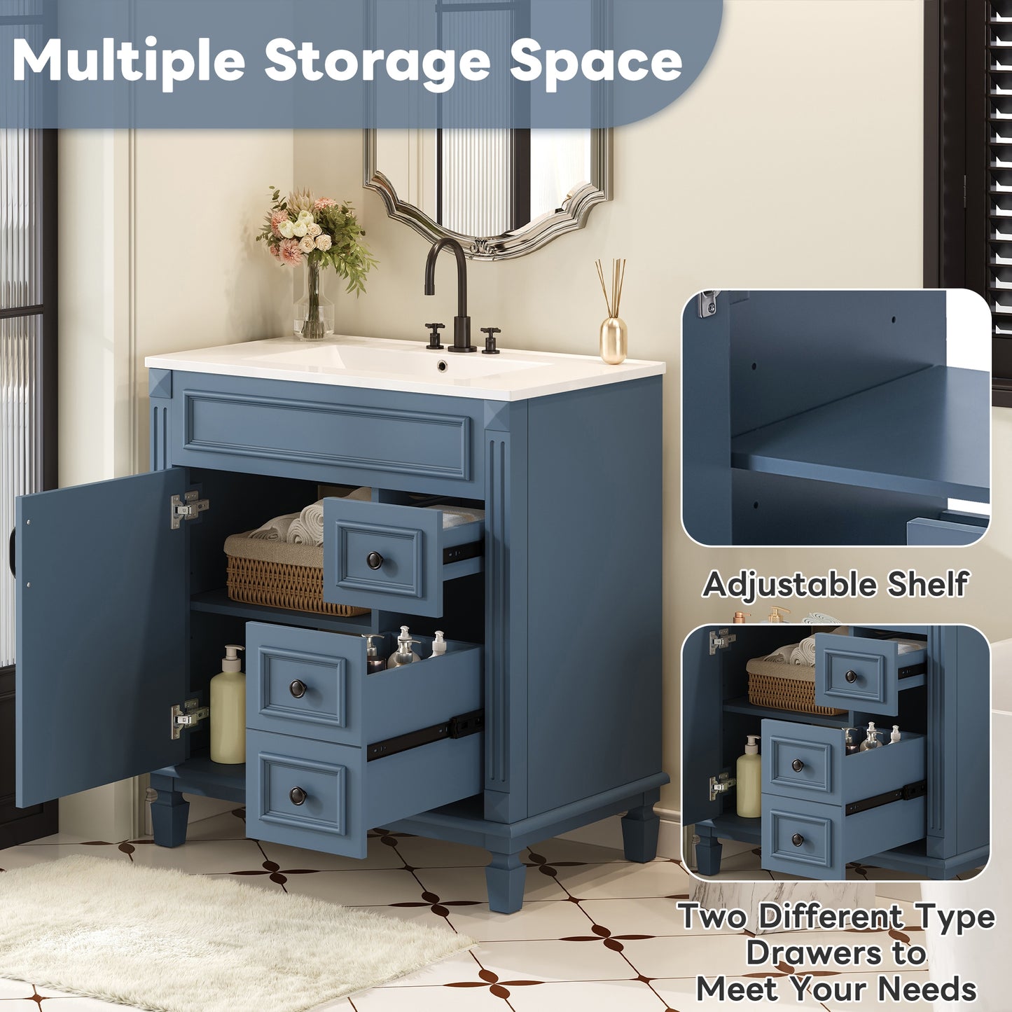 VanityFus 30-in Blue Bathroom Vanity Undermount Single Sink Combo with 1 Soft Close with Ceramic Top 2 Drawers Adjustable Shelves