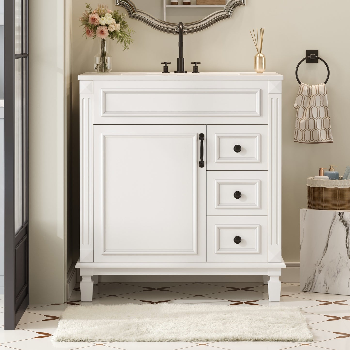 VanityFus 30-in White Bathroom Vanity Undermount Single Sink Combo with 1 Soft Close with Ceramic Top 2 Drawers Adjustable Shelves