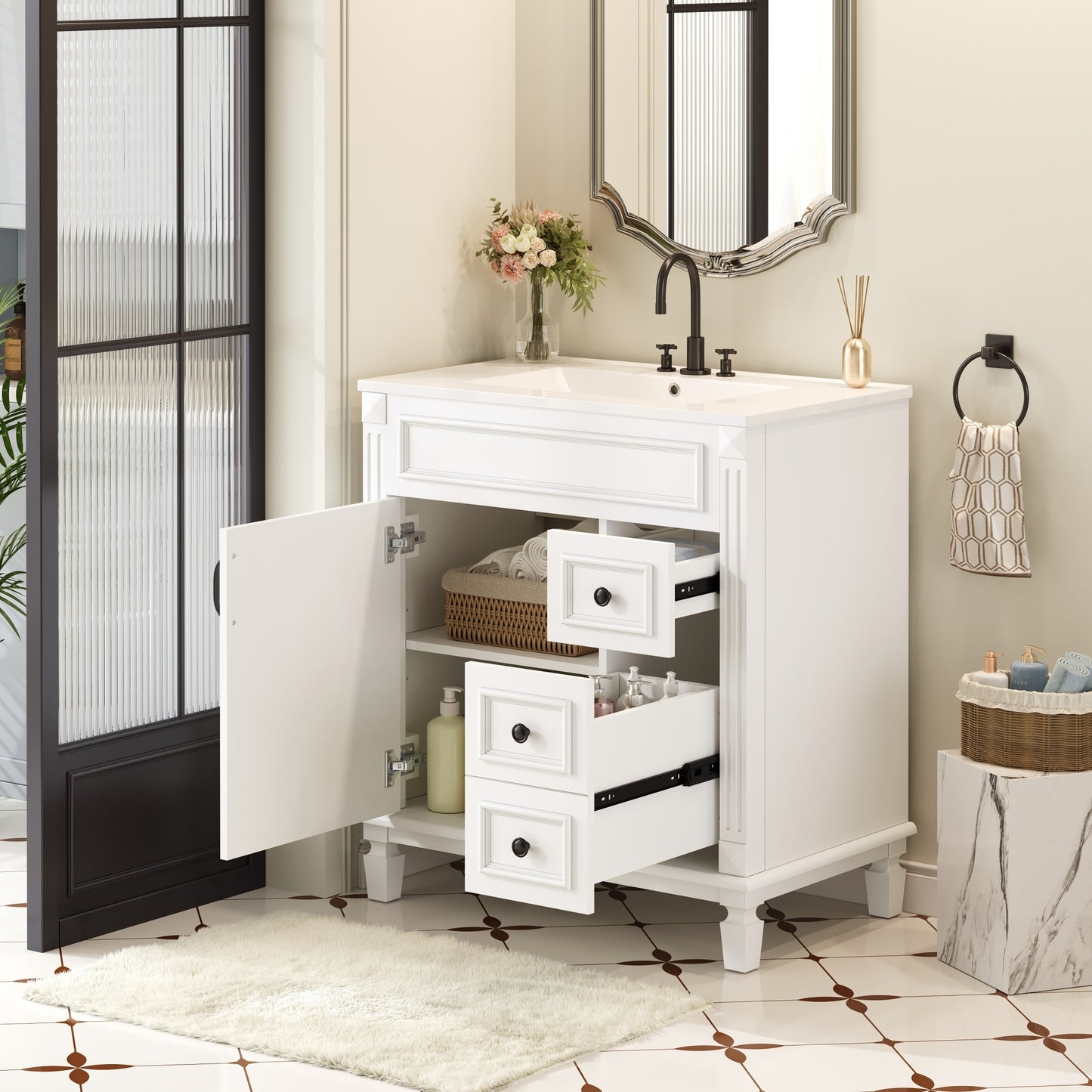 VanityFus 30-in White Bathroom Vanity Undermount Single Sink Combo with 1 Soft Close with Ceramic Top 2 Drawers Adjustable Shelves