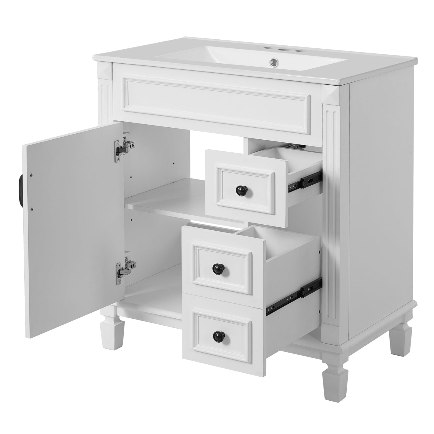 VanityFus 30-in White Bathroom Vanity Undermount Single Sink Combo with 1 Soft Close with Ceramic Top 2 Drawers Adjustable Shelves