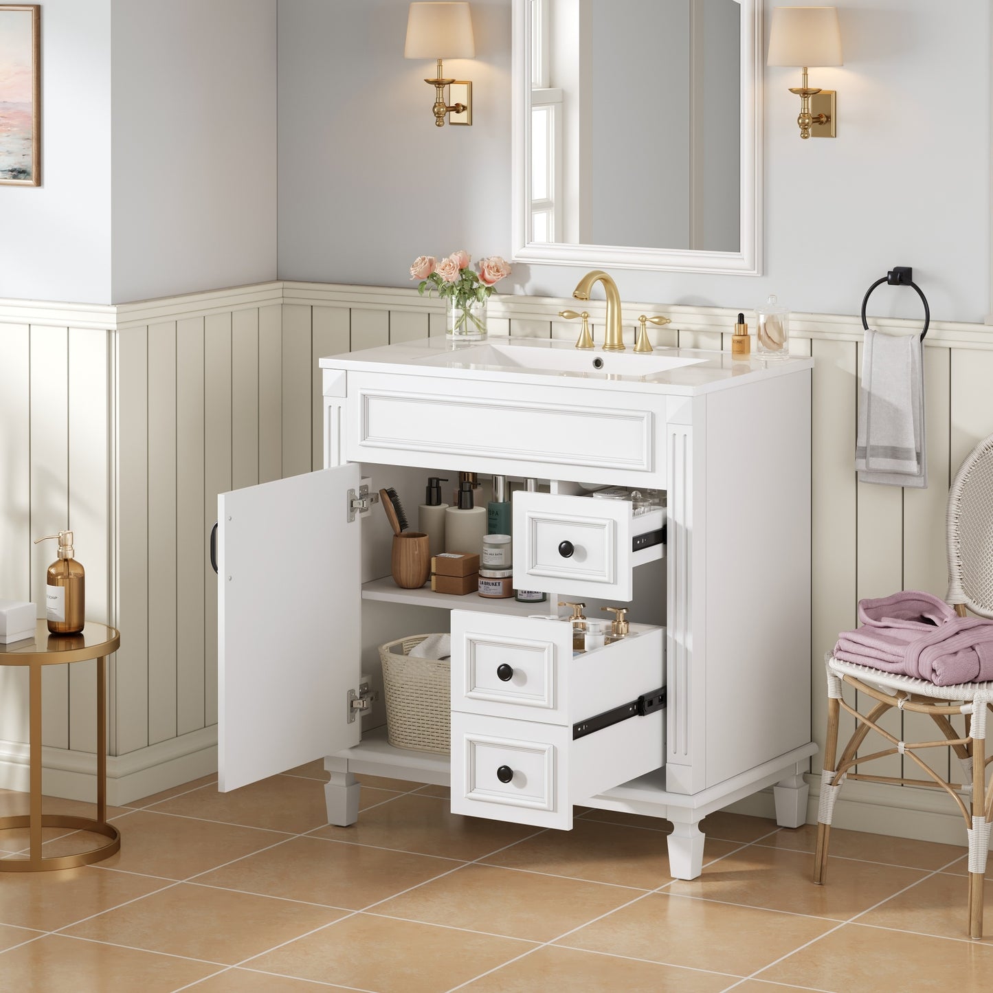 VanityFus 30-in White Bathroom Vanity Undermount Single Sink Combo with 1 Soft Close with Ceramic Top 2 Drawers Adjustable Shelves