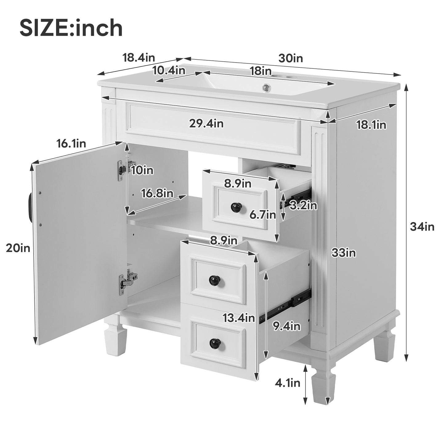 VanityFus 30-in White Bathroom Vanity Undermount Single Sink Combo with 1 Soft Close with Ceramic Top 2 Drawers Adjustable Shelves